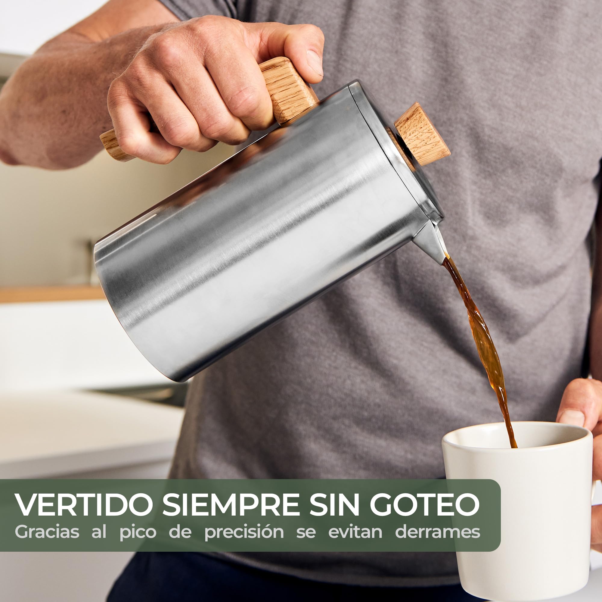 WALDWERK French Press (1L) - Cafetera francesa de acero inoxidable de doble pared con mango de madera de roble - Cafeteras de émbolo - Prensa francesa sin plástico - Cafetera manual