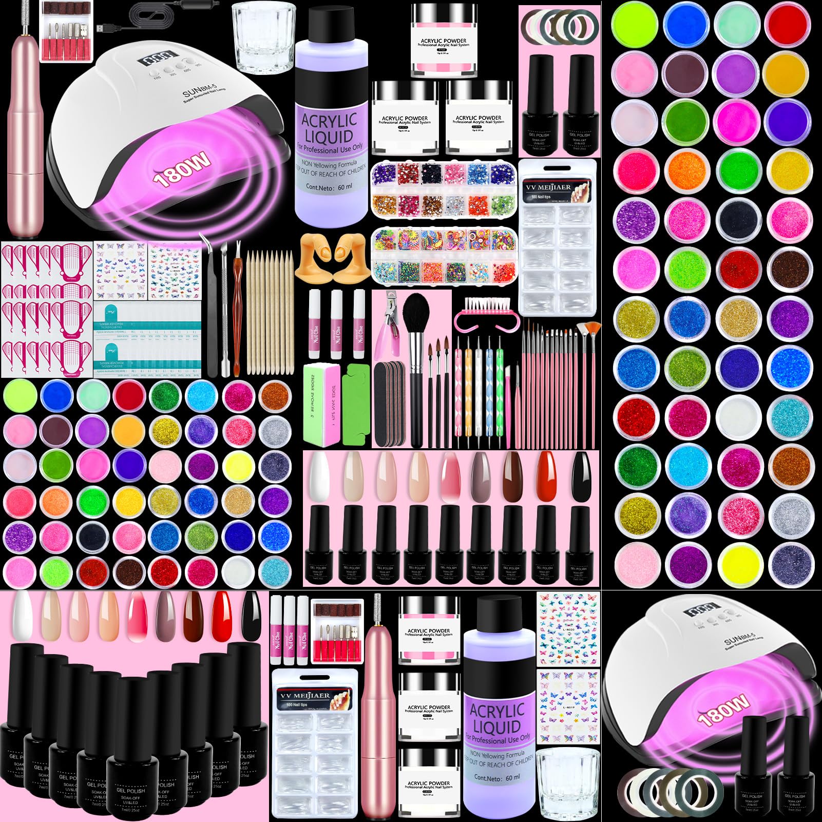Milai Kit Uñas Acrílicas Completo para Principiantes con 180 W UV/LED Lámpara,Kit Uñas Esmalte Semipermanentes Gel con 60 ml Monómero/9 Colore*7 ml Uñas de Gel Top Coat DIY Nail Arte Kit para Manicura