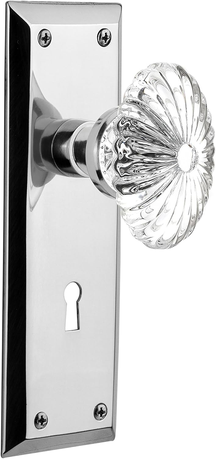Nostalgic Warehouse 711933, Single Dummy, Bright Chrome New York Plate with Keyhole Oval Fluted Crystal Glass Knob