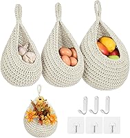 Vista 9 de Canastas colgantes de frutas boho para pared de cocina, paquete de 3, contenedor tejido para productos con 6 piezas de ganchos fuertes, cesta