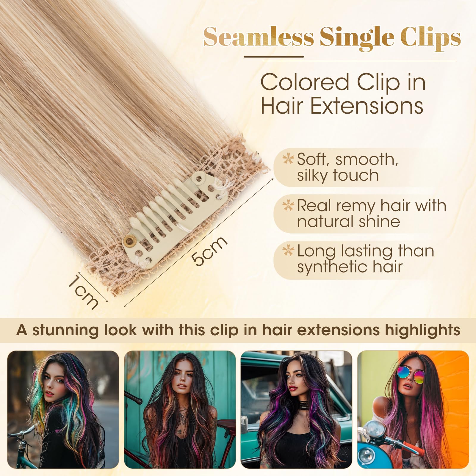 Rich Choices Clip in Hair Extensions Real Human Hair Golden Brown mix Bleach Blonde Highlights Hair Extensions Clip in 6Pcs Straight Remy Hair (40g 16 Inch) - Image 3