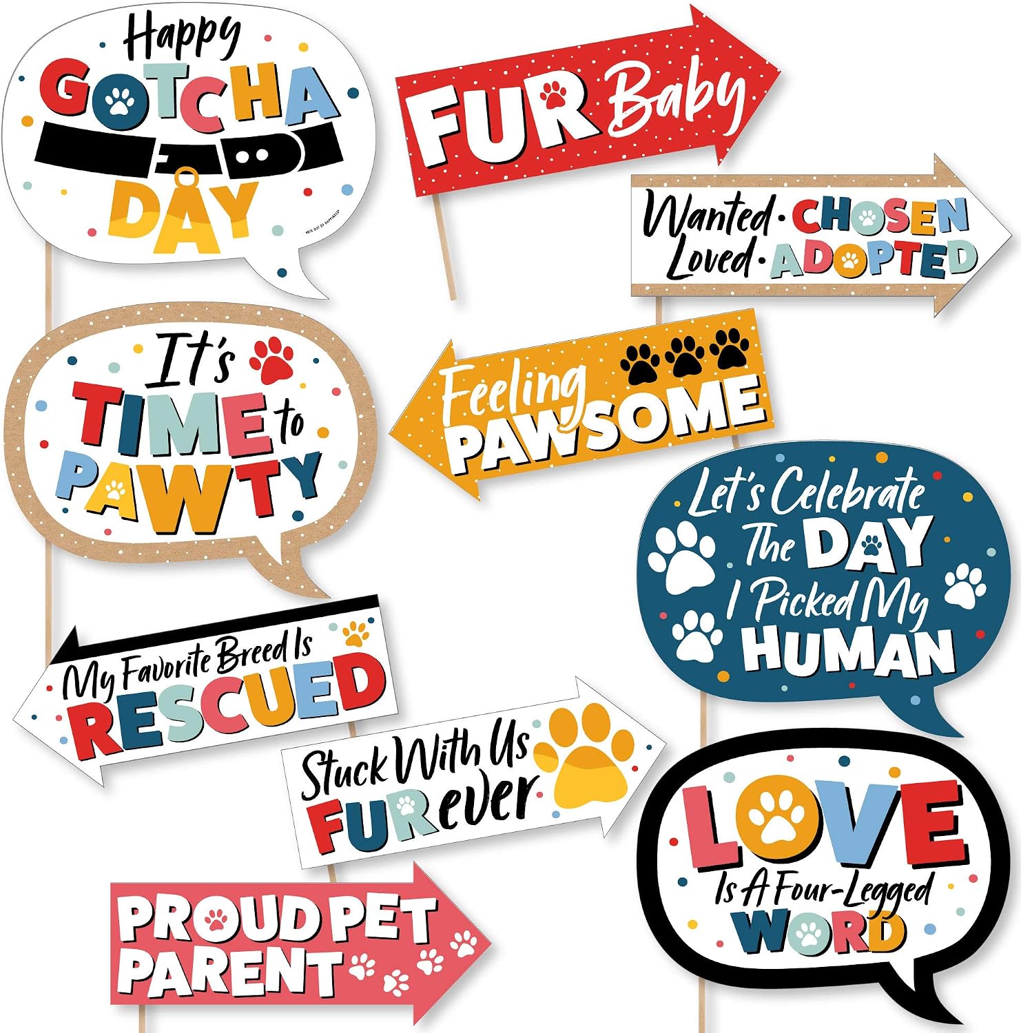 Funny Happy Gotcha Day - Pet Adoption Party Photo Booth Prop Kit - 10pc | Dog and Cat Birthday Party Decorations, Arrow and Speech Bubble Shapes for Adults or Kids, Prop Sticks Included, USA-made