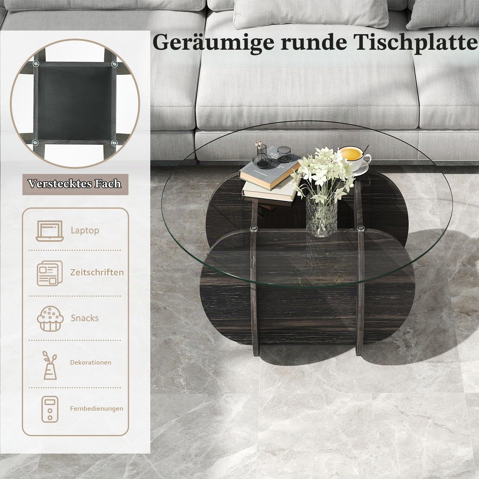 LIFEZEAL Runder Couchtisch Glas, Wohnzimmertisch mit Glasplatte, Moderner Beistelltisch mit Holzbeinen, Dekorativer Sofatisch für kleine Räume, Büro, Zuhause (Schwarz, 89 x 46 cm)