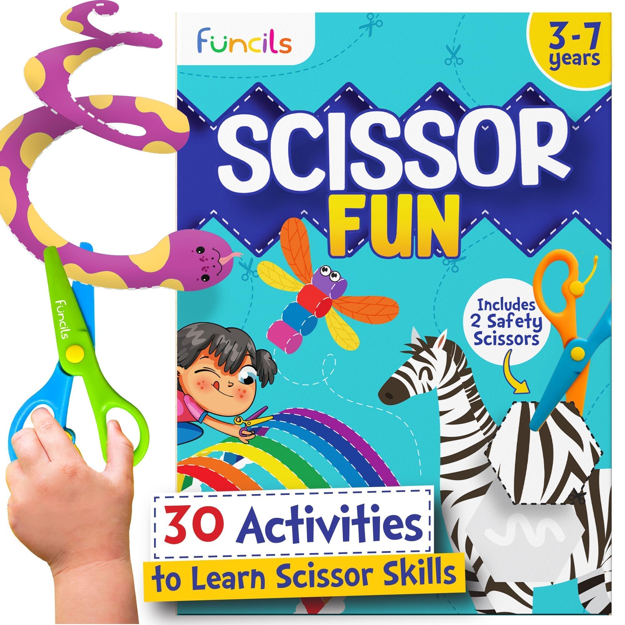 Funcils Toddler Scissor Skills - Art Supplies & Crafts Kit for Kids, Safety Scissors, Fine Motor Toys, Stocking Stuffers, for Boys & Girls Ages 3, 4, 5, 6, 7 Year Old, Activity Books