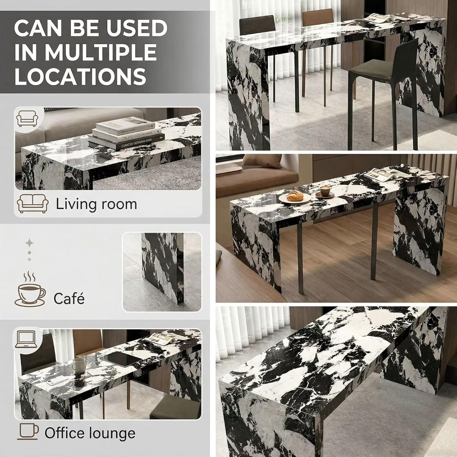 Bar Table - High Top Bar Table with Marble Pattern, Modern Living Room Tall Counter Includes Open Storage for Home Office (88IN No Chairs)