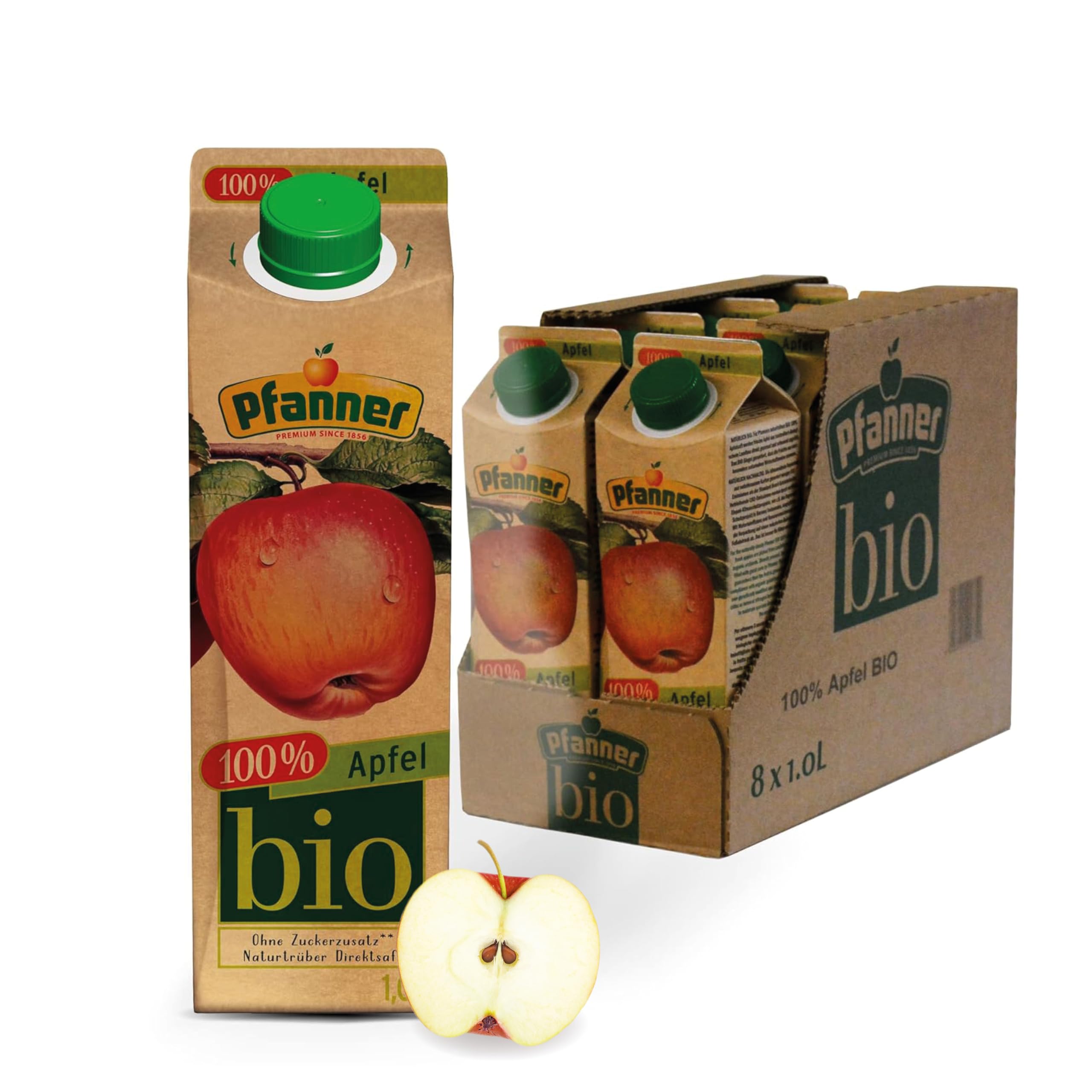 Pfanner 100% BIO Apfelsaft naturtrüb (8 x 1 l) – direkt gepresste Äpfel – Saft ohne Zuckerzusatz – Fruchtsaft im Vorratspack