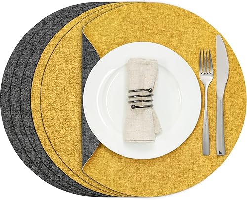 Myir JUN Juego de 6 manteles individuales redondos, de piel sintética de doble cara, para interiores y exteriores, antideslizantes, lavables (gris