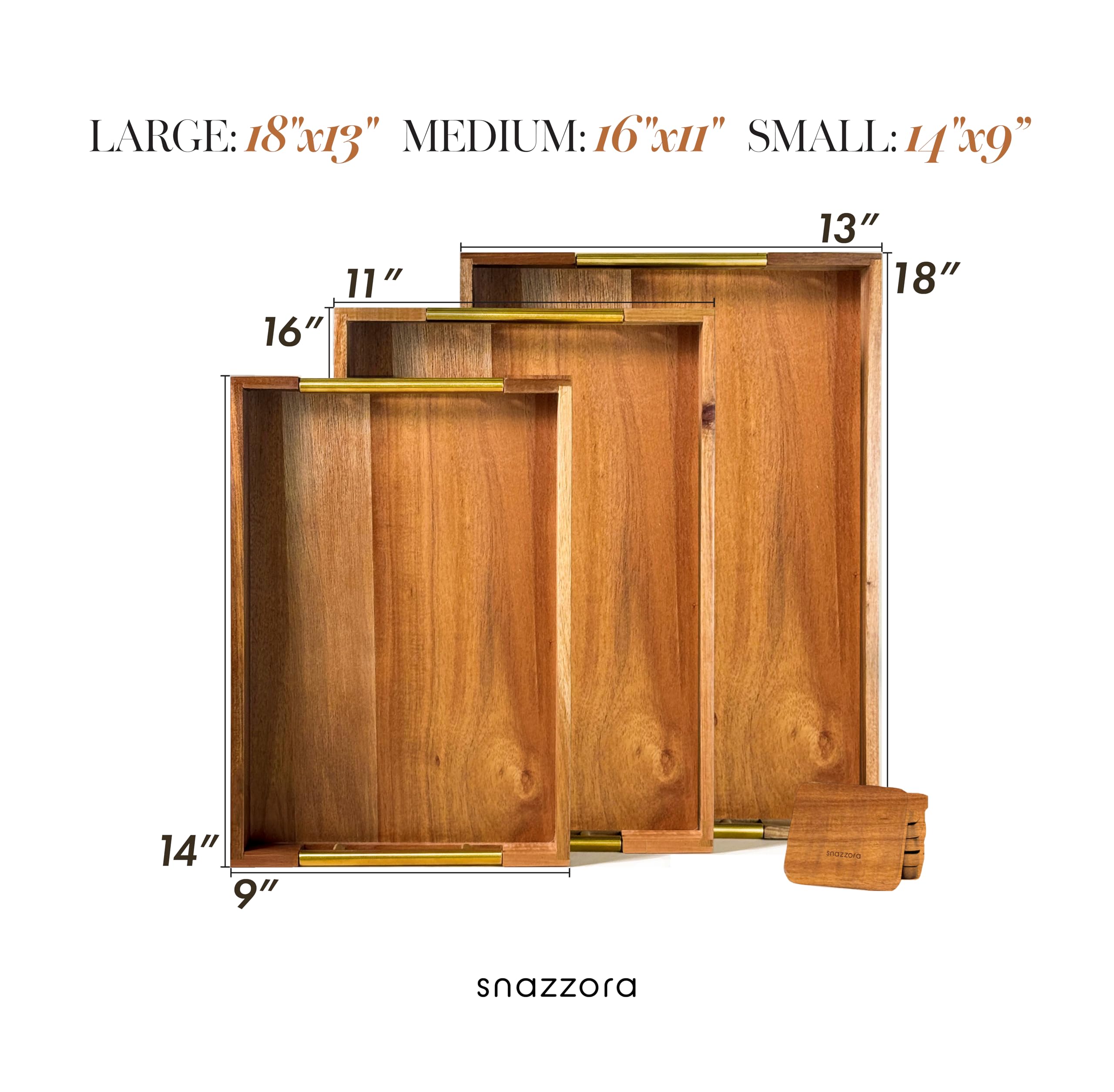 Juego de 3 bandejas decorativas para servir, madera de acacia + asas de acero dorado, mesa de café u bandeja otomana para desayuno en la cama, joyería y organización de decoración