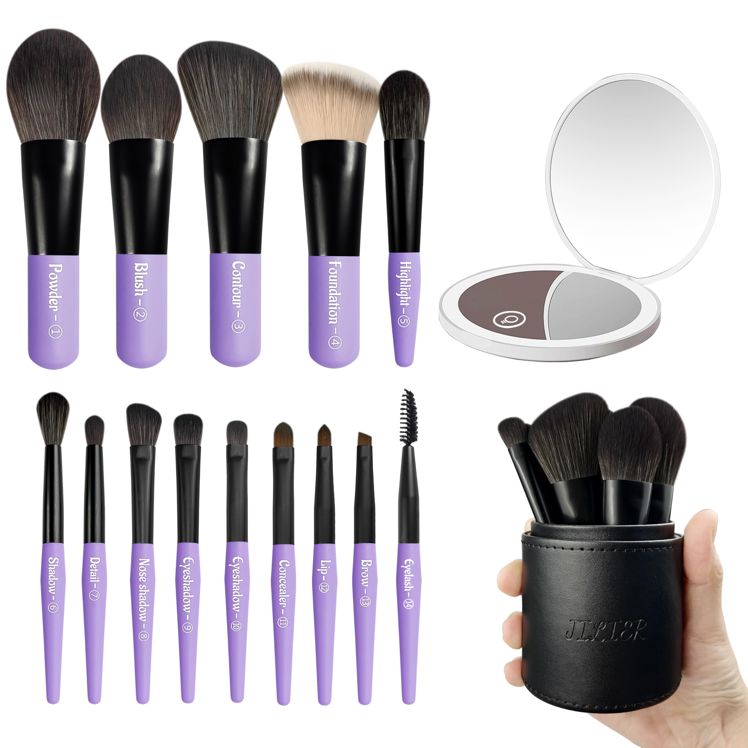Jilier 14pcs Mini Make-up Pinsel und Taschenspiegel, Reise Make-up Pinsel Set, LED Kompaktspiegel mit Licht, Reisegröße mit Etui, Tragbar für Handtasche, Reiseutensilien für Frauen