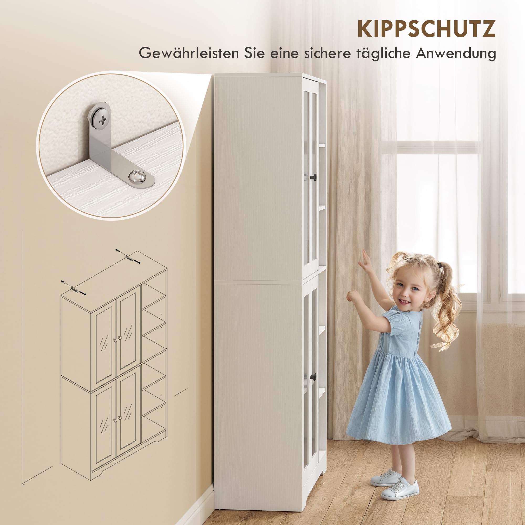 HOMCOM Küchenschrank mit 4 Soft-Close-Glastüren 90 x 35 x 172 cm Weiß | Buffetschrank, 6 Offenen Fächern, Moderner Hochschrank mit Verstellbaren Einlegeböden, Vorratsschrank