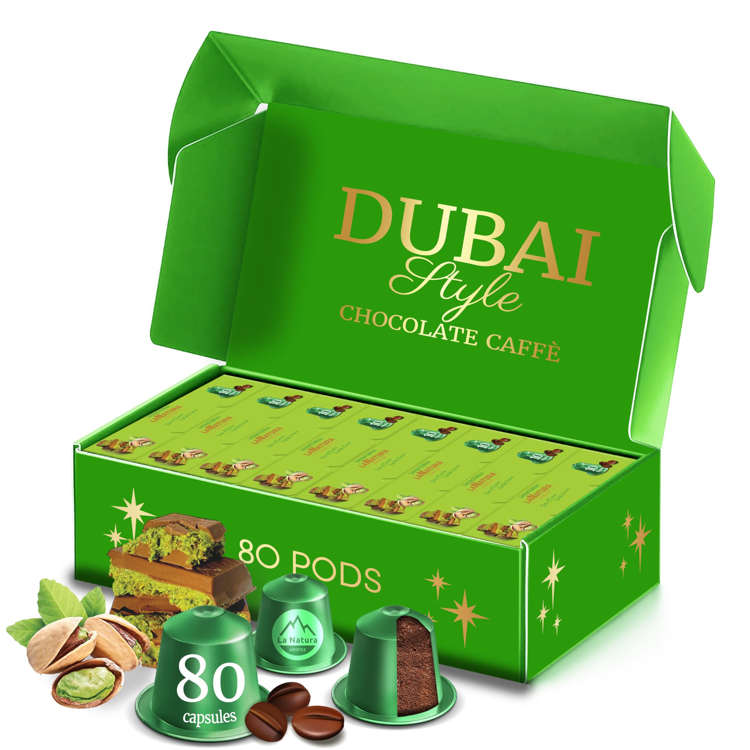 La Natura Lifestyle Dubai Style Pistache Chocolate Café – 80 kapsułek aromatyzowanej kawy kompatybilnej z Nespresso® – Orientacyjne inspiracje – Kremowa z nutą czekolady i pistacji