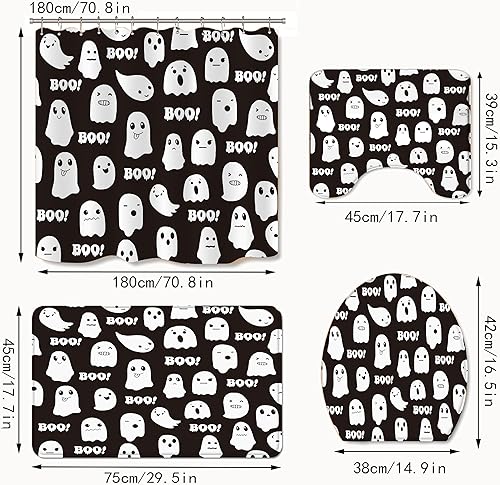 Miniatura 5 de Juego de 4 cortinas de ducha de fantasma de Halloween con alfombras antideslizantes, cubierta para tapa de inodoro y tapete de baño, accesorios de