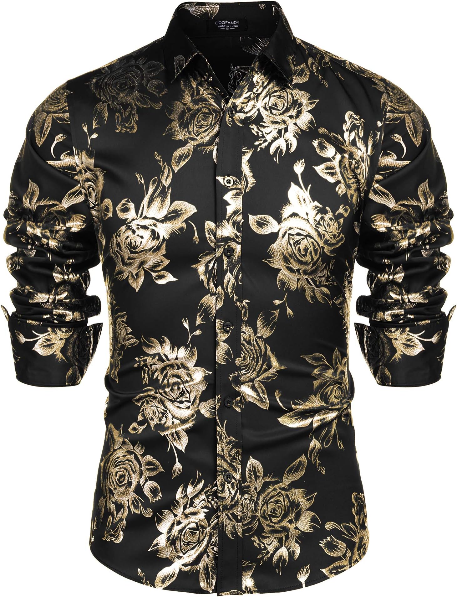 COOFANDYMen's Rose Shiny Shirt Luxury Flowered Printed Button Down Shirt