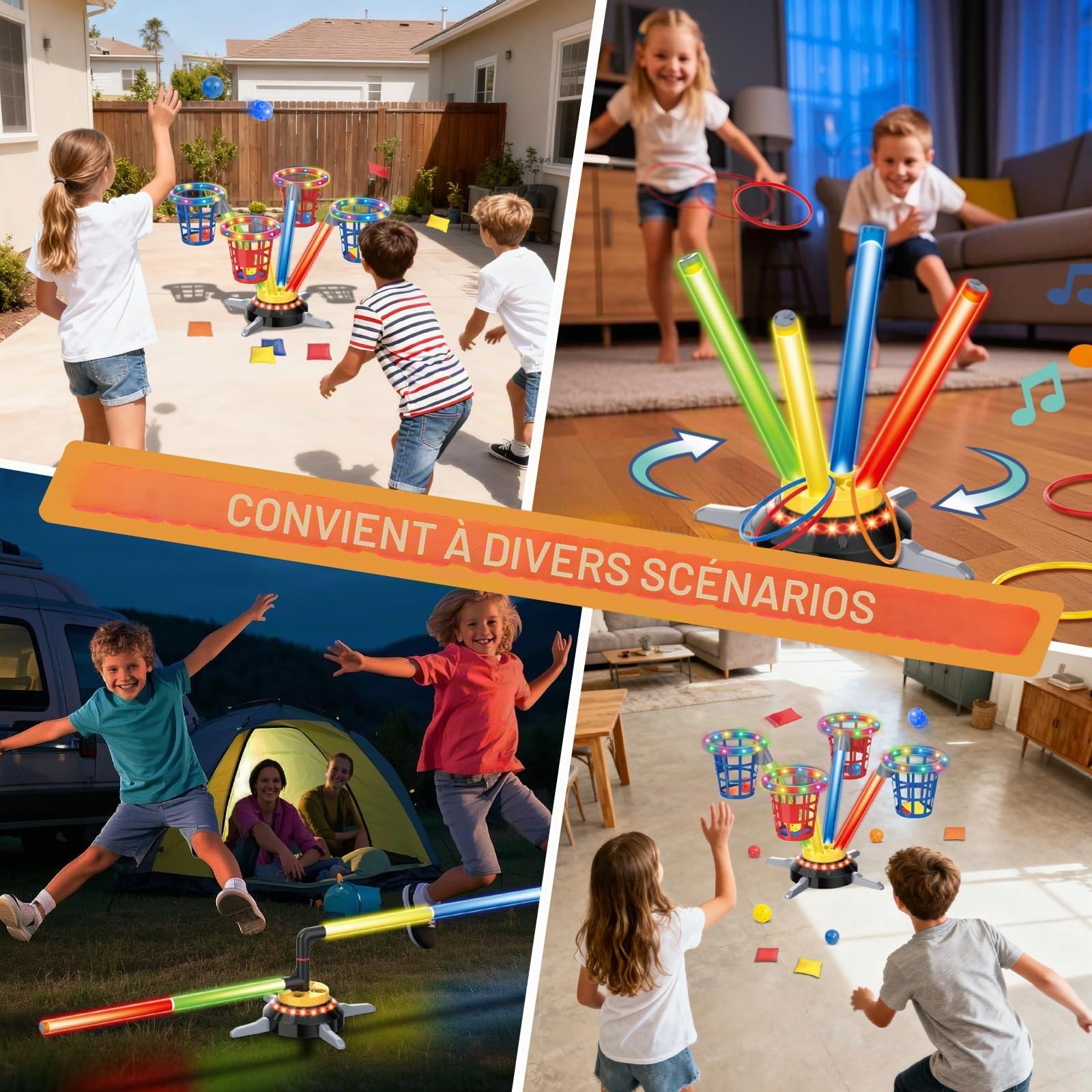 Vatos Jeu de Lancer 3 en 1 Sacs et Anneaux, Sauts Musicaux pour Enfants, Base Tournante Électrique avec Télécommande, Lumières, Jeu de Sport Intérieur/Extérieur pour Jardin pour Filles et Garçons 3+