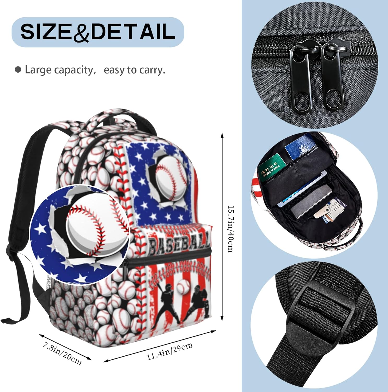 Baseball Backpack for Boys 8-12 Kids American Flag Baseball Print Schoolbag Sports Theme Bookbag for Girls Computer Laptop Backpack for Travel Hiking Camping Gym Gift for Sport Lovers - Image 2