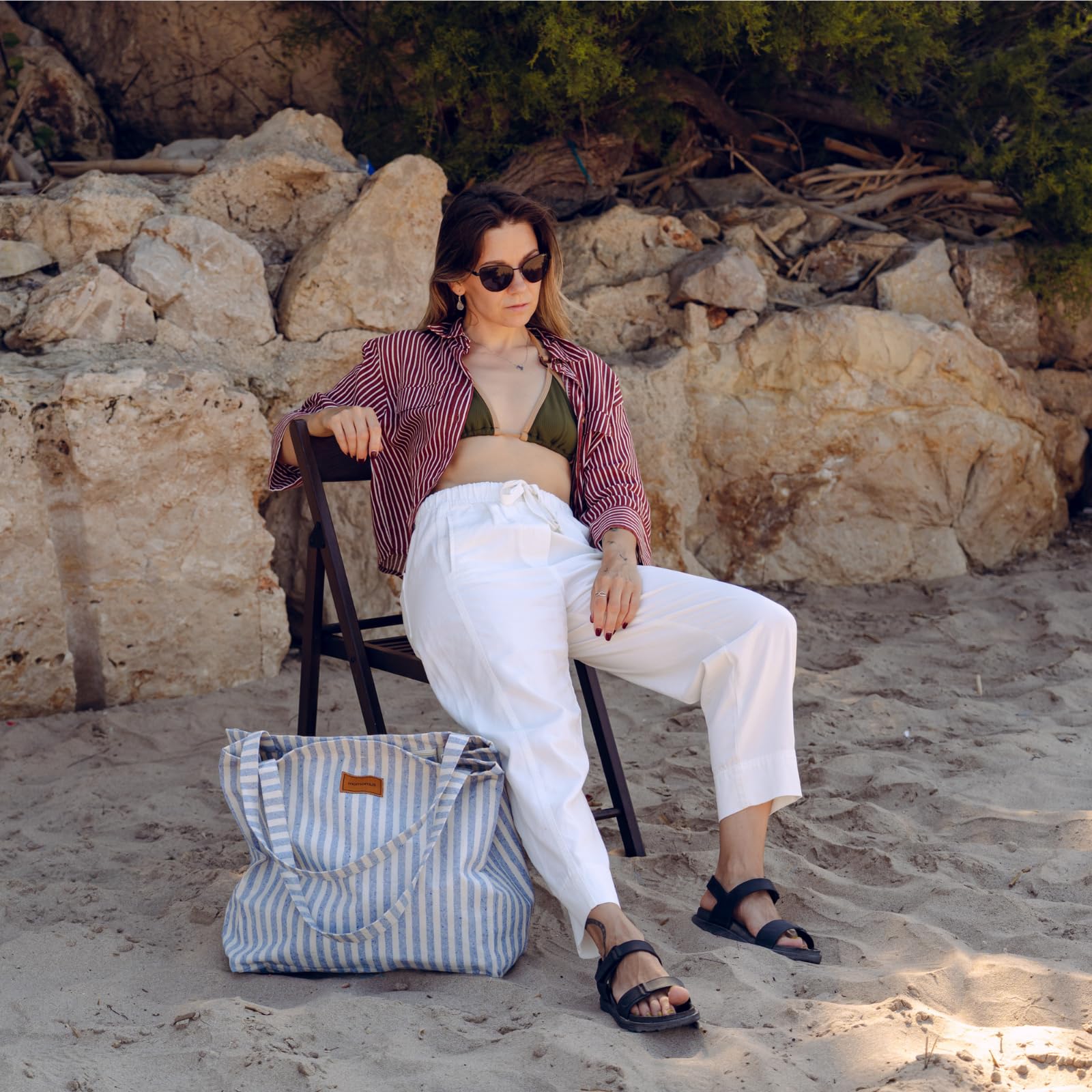 MOMOMUS Bolsa de Playa XXL 100% Algodón Reciclado Plegable para Mujer Grande y Familiar Verano Piscina