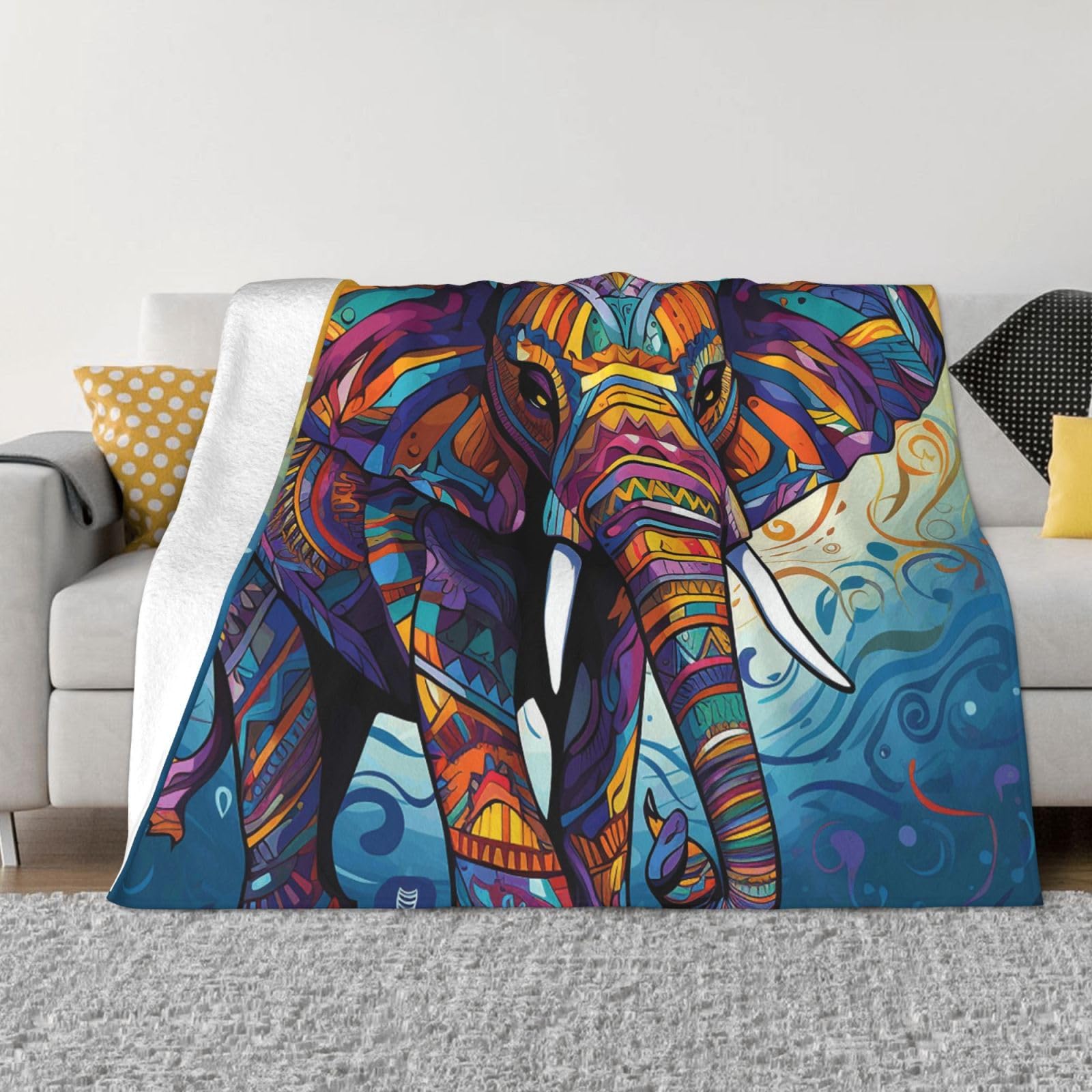 KLOPH Colorful Elephant Throw Blanket 40"x30" Flannel Fluffy Warm Blanket for Couch, Reversible Plush Blankets for Bed, Comfy Fuzzy Blanket for Sofa, Plush Lightweight-Blankets for All Season