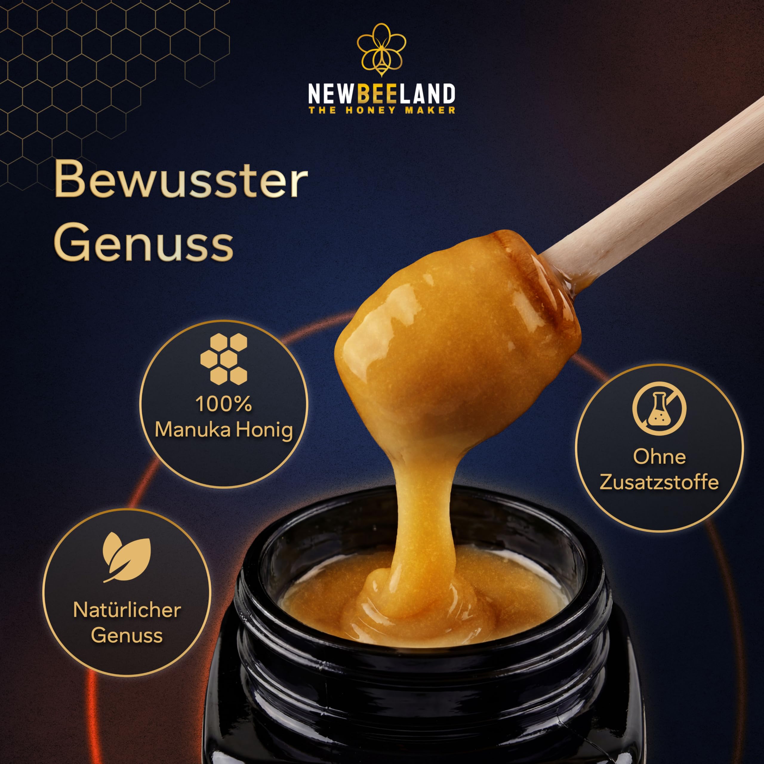NEWBEELAND Manuka Honig MGO 550+ Direktimport aus Neuseeland 250 Gramm | chargengeprüfter Methylglyoxal-Gehalt (MGO), Cremig-zähflüssige Textur, herber & kräftiger Geschmack, lichtgeschütztes Glas