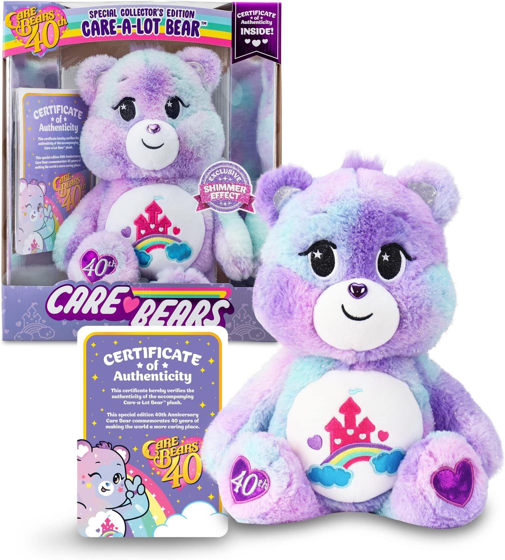 Care Bears | Care-A-Lot Bear - 40th Anniversary Bear 35cm Medium Plush | Cuddly Toys for Children, Soft Toys for Girls Boys, Cute Teddies Suitable for Girls and Boys Ages 4+ | Basic Fun 22439