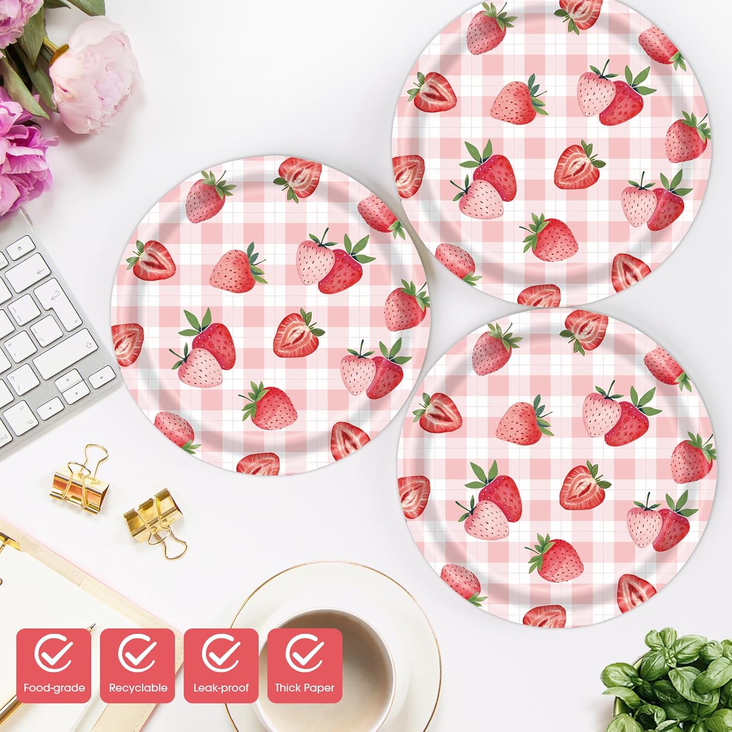 40 Pcs Strawberry Plates and Napkins Party Supplies, Pink Gingham Disposable Paper Plates and Napkins Tableware Set for Strawberry Shortcake Baby Shower Birthday Party Decorations - Image 3