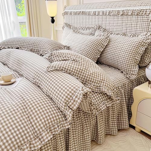 LifeTB Tan Gingham Comforter Set King Vintage Ruffle Beige Taupe Plaid Comforter Set 3 Pieces Soft Fluffy Grid Checkered Pattern Comforter with 2 Pillowcases Farmhouse Gingham Plaid Bedding Set
