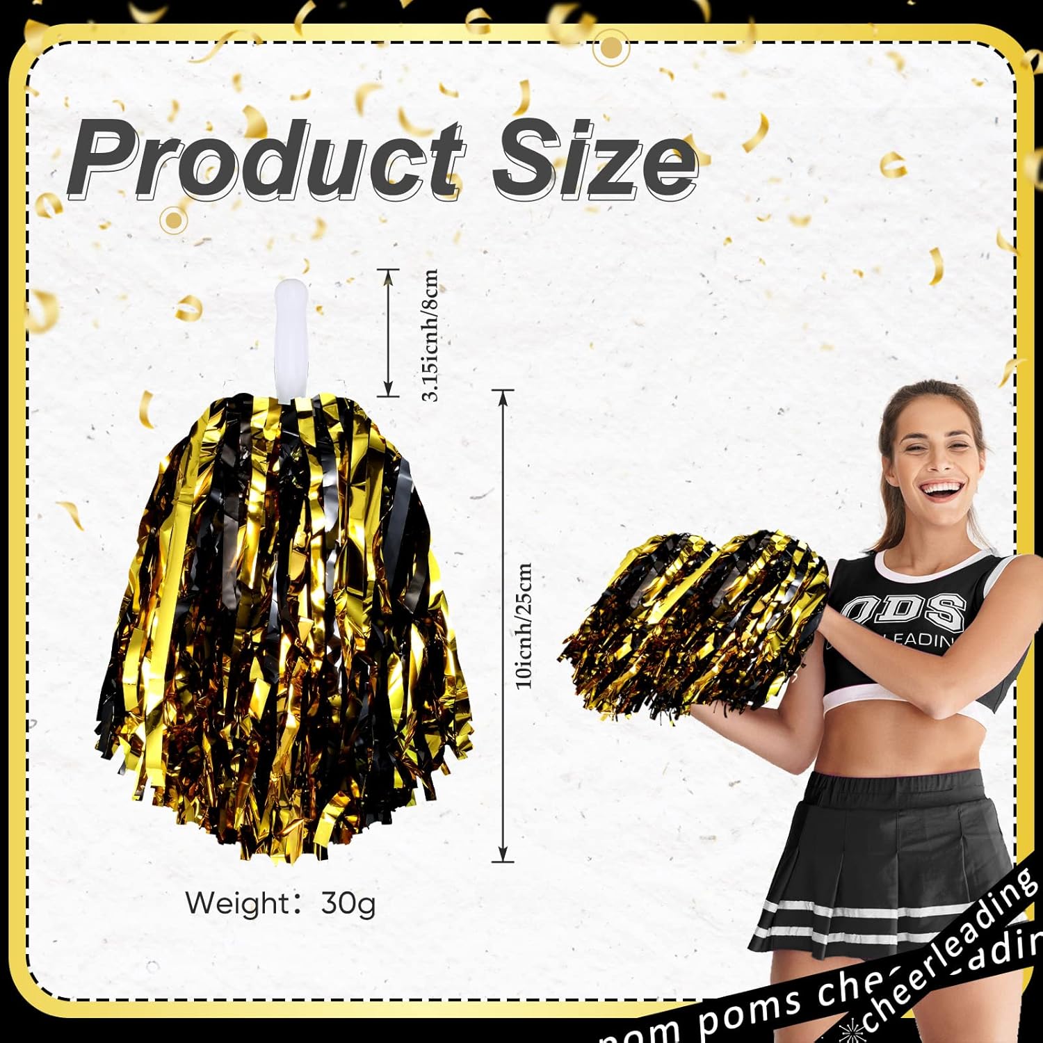 Hanaive 100Pcs Metallic Cheerleading Pom Poms with Baton Handle Cheerleader Pompom Foil 30g Cheering Squad Hand Flowers for Adults Team Spirit Sports Party Cheering