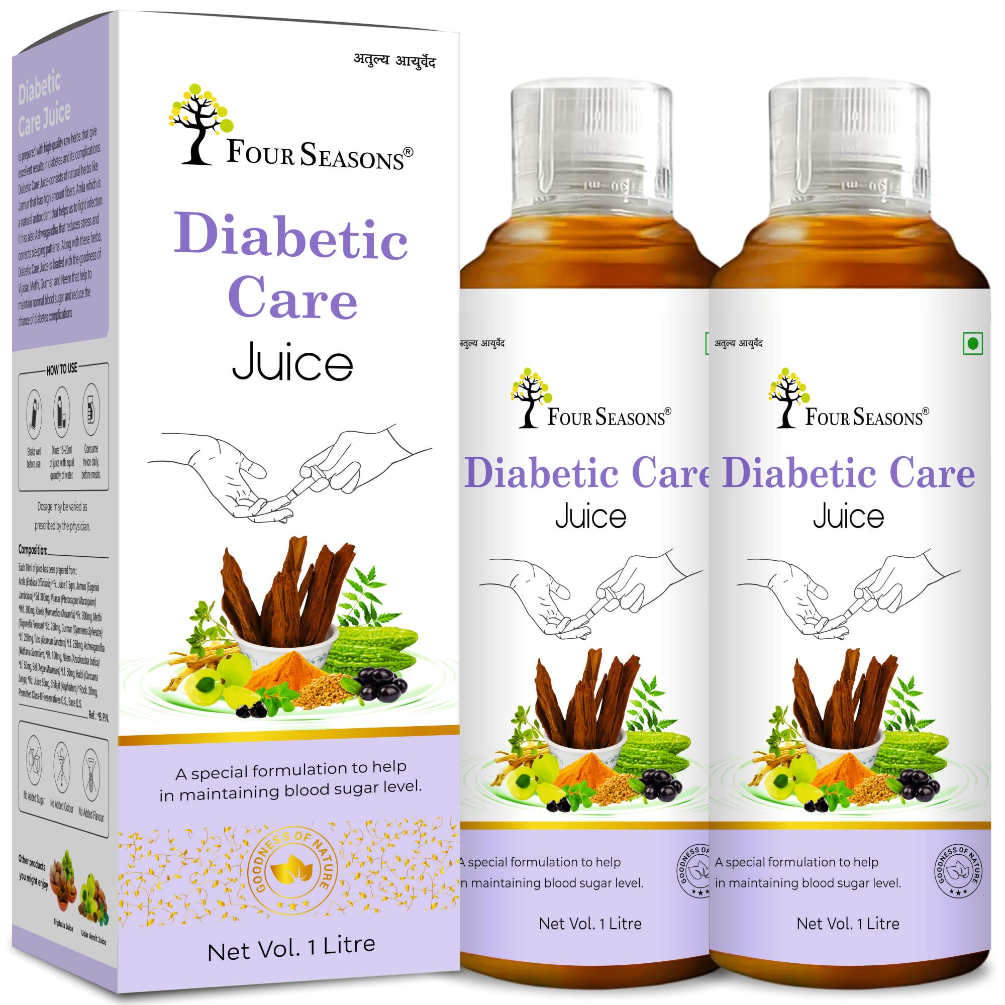 Four Seasons Diabik Care Juice 1L | Manage Blood Sugar Level |Blend of 11+ Herbs Karela, Black Plum, Jamun, Harad, Amla | Sugar Free Juice (2)-image-32
