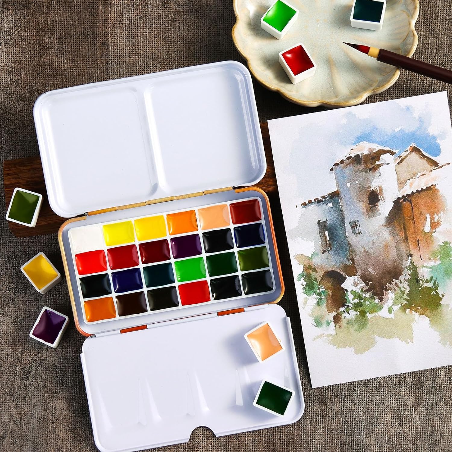 Watercolor Paint Set for Adult Artists, 24 Colors Portable Travel Solid Watercolor Palette Half Pans Christmas Gifts