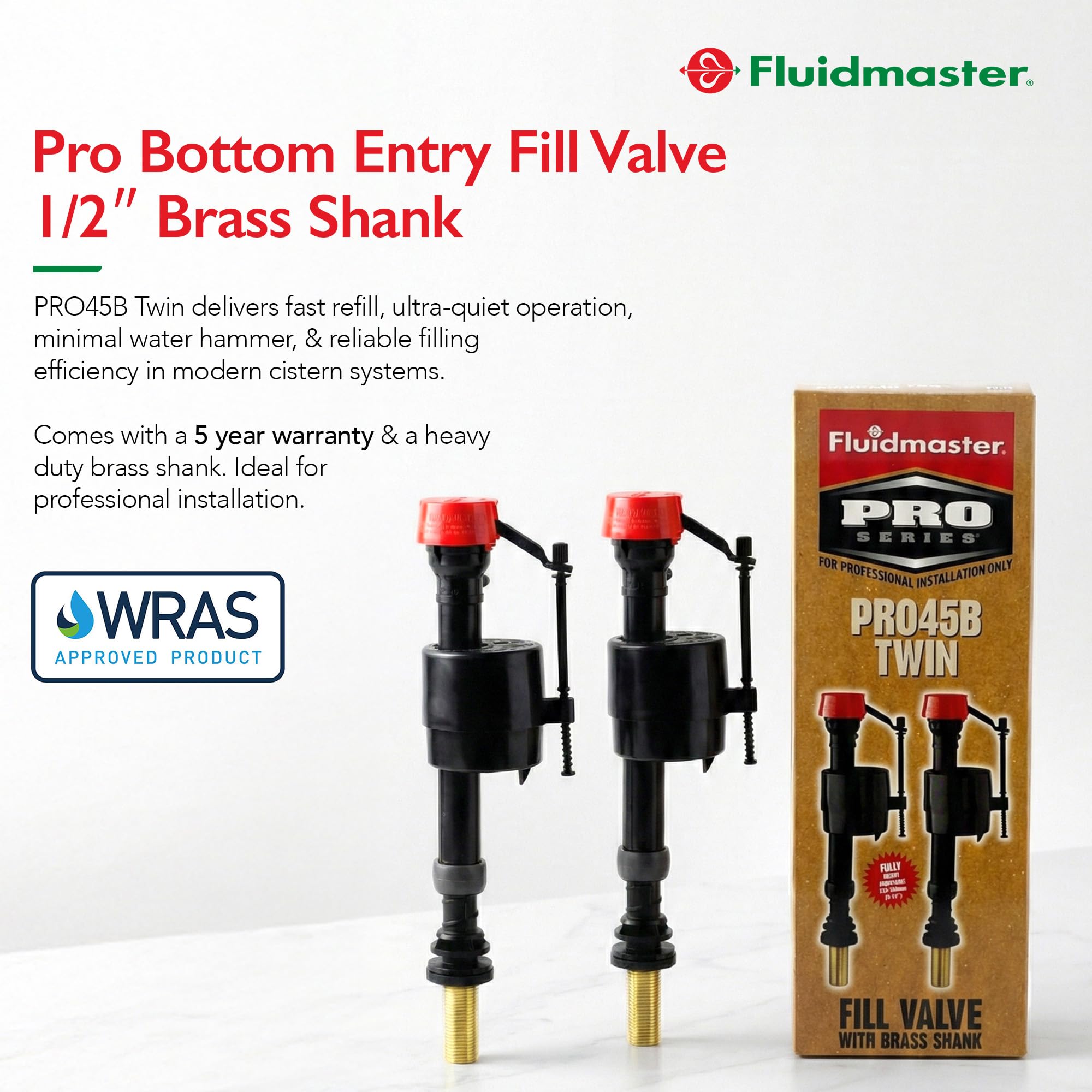 Fluidmaster PRO45BTWIN Toilettenfüllventil, 2 Stück, inklusive PRO45B Messingschaft mit unterem Eingang – leises Nachfüllen, verstellbare Höhe, Anti-Siphon, WRAS-geprüft – 5 Jahre Garantie