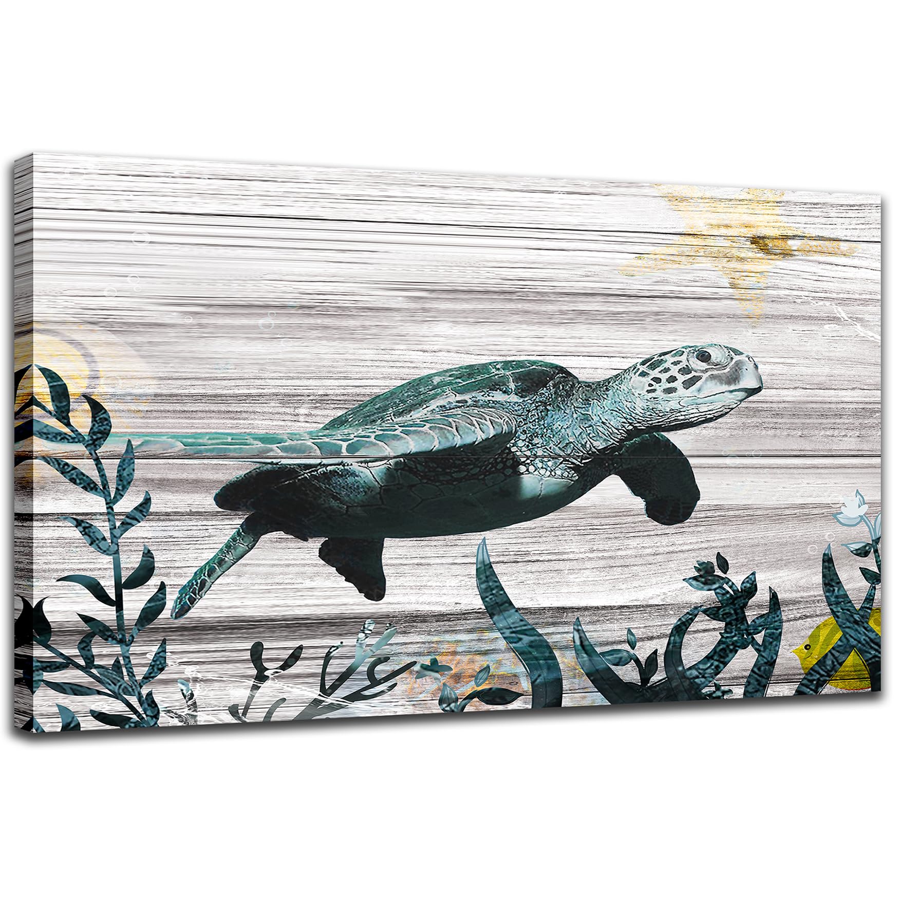 Sea Turtle Pictures Wall Decor - Turtle Prints Wall Art Beach Theme Watercolor Paintings Marine Life Sea-Plant Decor Bathroom Nursery Vintage Seascape Canvas Framed Artwork Ready to Hang (40x60cm)