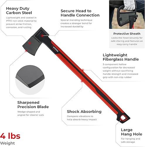 Miniatura 10 de INTERTOOL Hacha Hacha de acero al carbono de 2 libras, 18 pulgadas, hacha de camping para cortar, mango hueco antideslizante que absorbe los golpes,