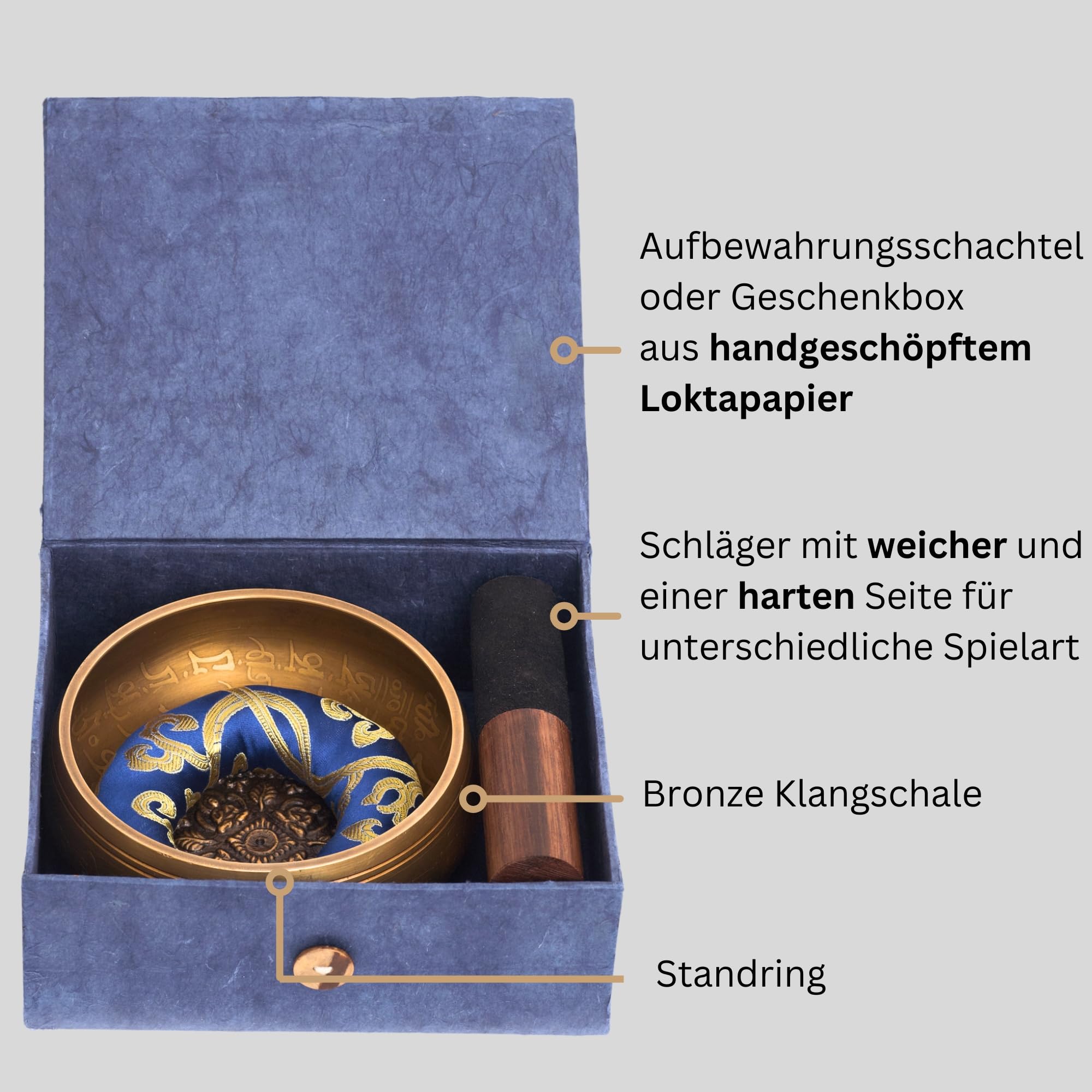 XL Klangschale aus Nepal – ebook - kunstvoll verziert - Tibetisches Set für Meditation – Yoga – Schule & Kita – Loktapapier Geschenkbox