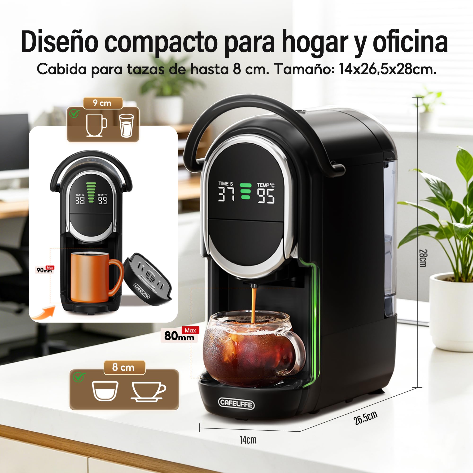 CAFELFFE MK-609S Cafetera de cápsulas 4 en 1 con presión de 19 bares, infusión caliente/fría, espresso compacto para el hogar y la oficina, Nes Original/DG/ESE/molido, negro