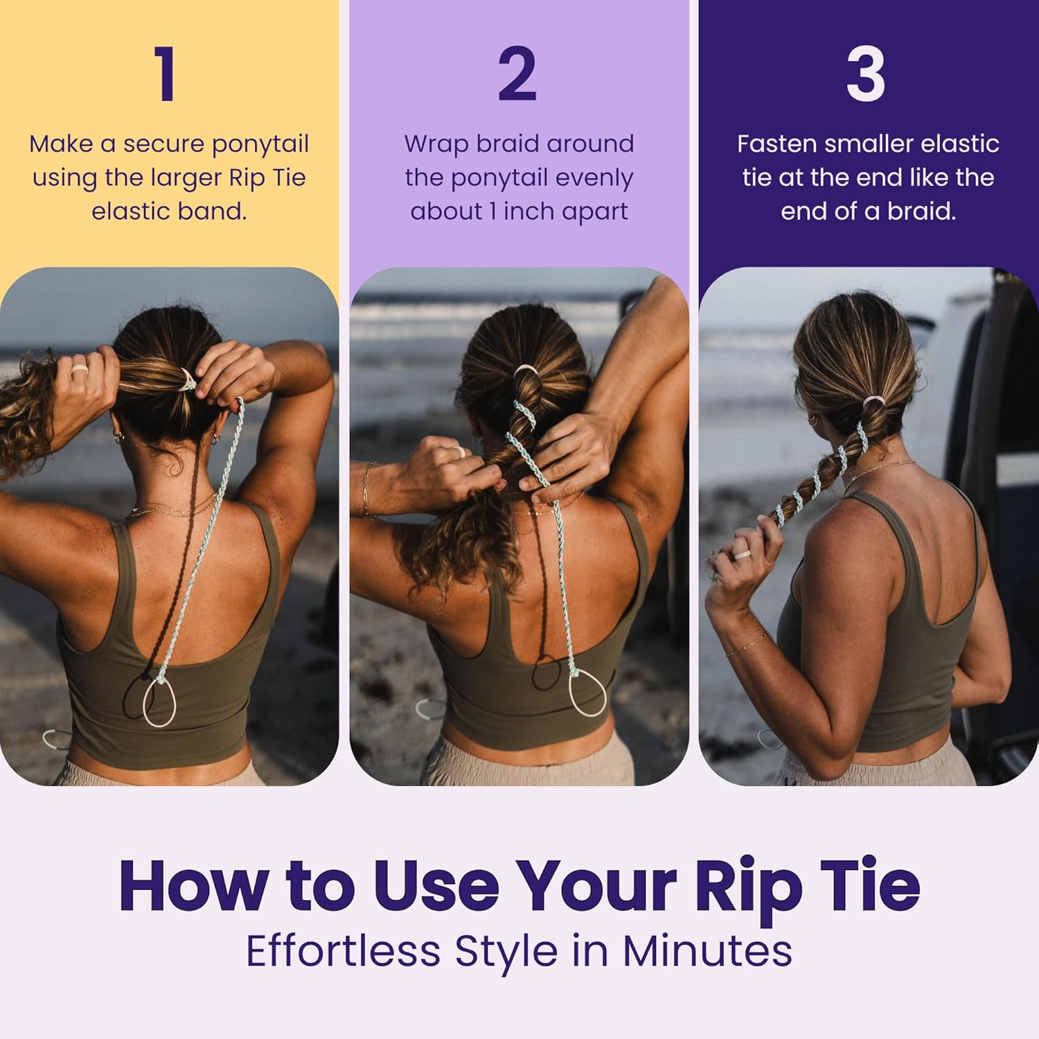 Rip Tie 24" x 2.5mm Soft Tangle-Free Hair Tie for Women, Nylon Hair Elastic, Colorful Hair Accessory - As Seen on Shark Tank - 3 Pack Tropical