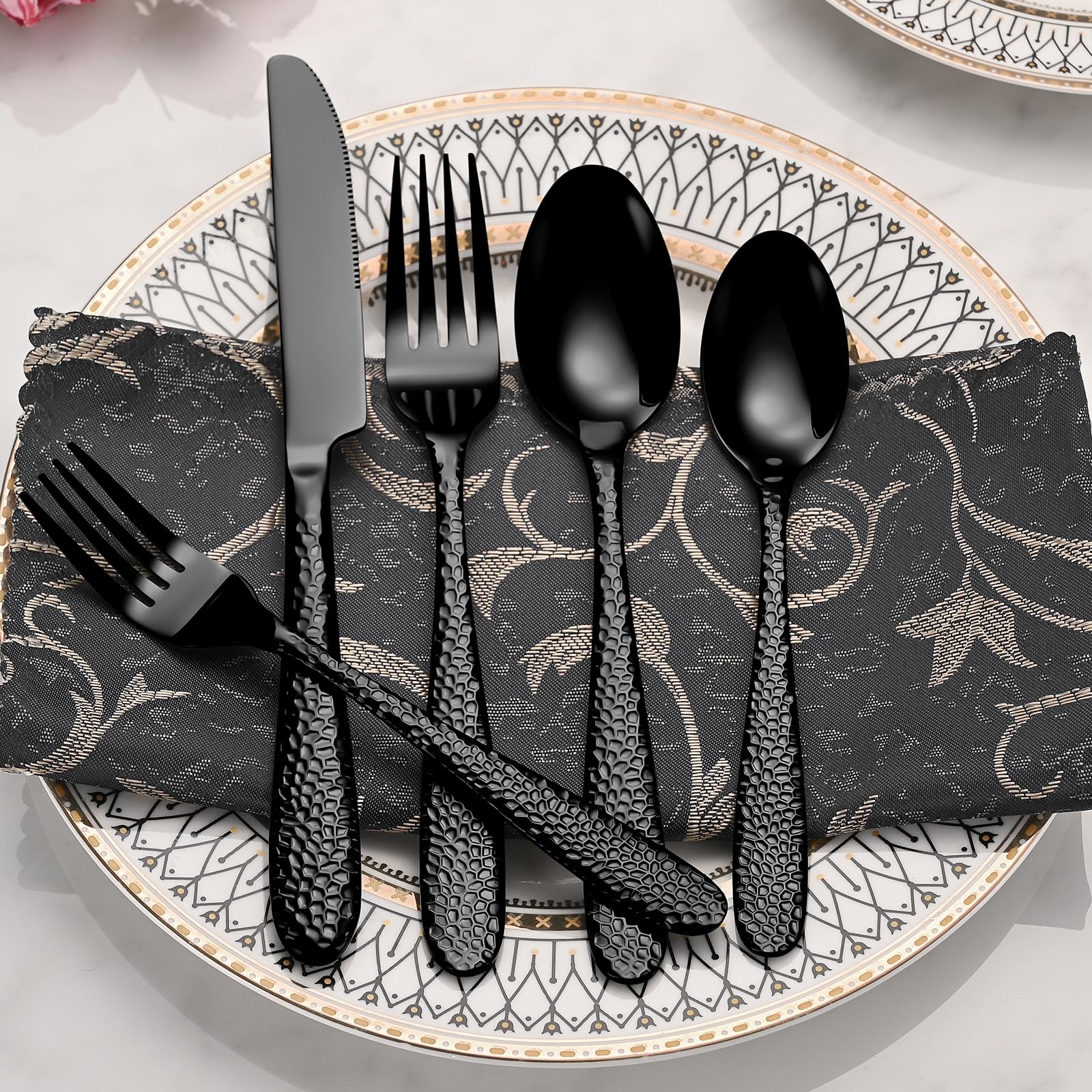 Black Hammered Silverware Set, 20-Piece Heavy Duty Stainless Steel Flatware Sets for 4, Food-Grade Cutlery Set for Home Restaurant, Mirror Polished, Dishwasher Safe — Amazon image 5