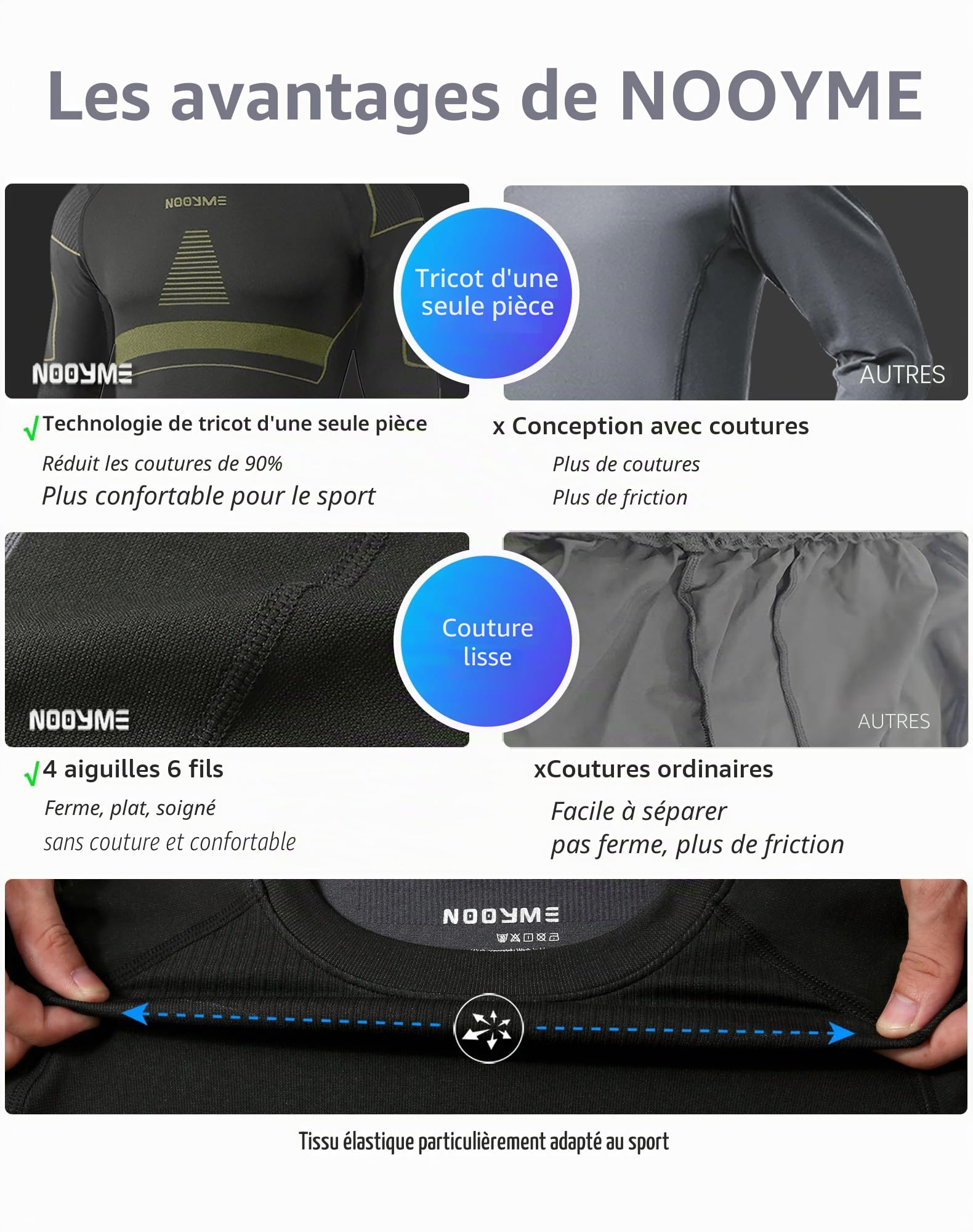 NOOYME Sous-Vêtement Thermique Homme Fonctionnel Tenant Chaud Respirant Élastique Ensemble de Ski pour Automne Hiver