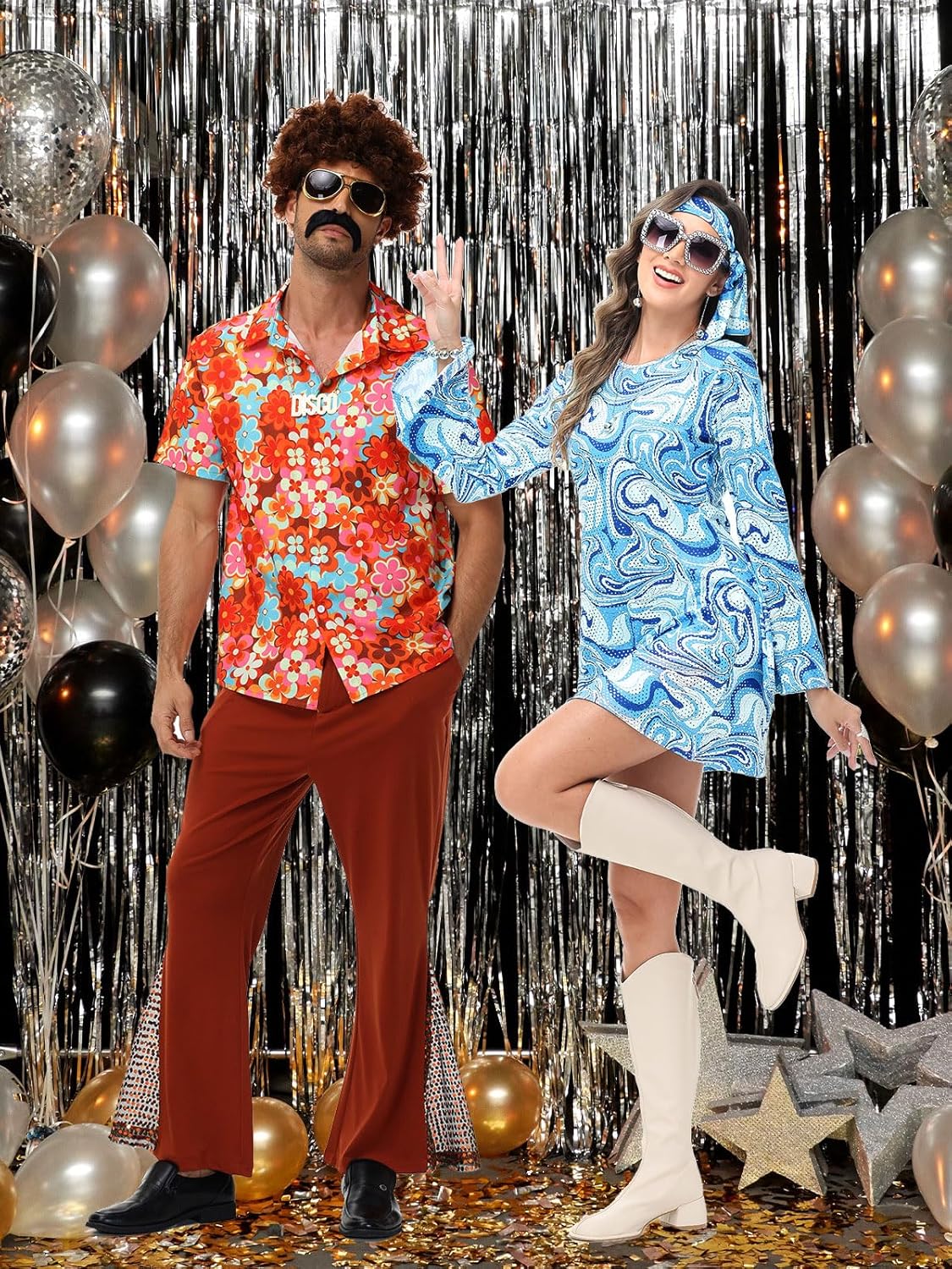 70s Outfits for Women, 7pcs Disco Dress Necklace Earrings Sunglass Bracelets Ring Disco Party Supplies - Image 4