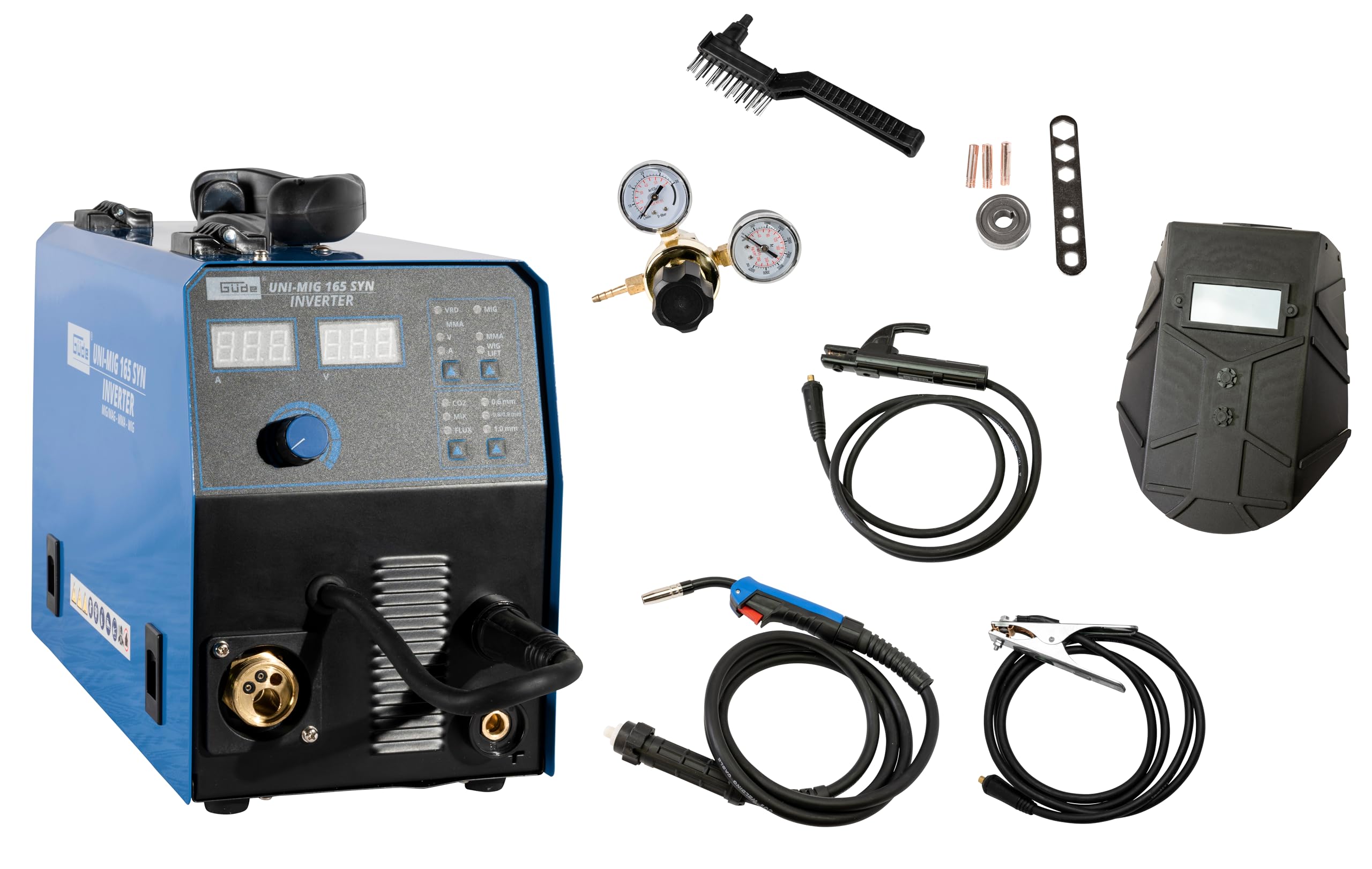 Güde Universalschweissgerät Uni-Mig 165 SYN (230 V, 4 in 1, 160 A max. Schweißstrom, 20-160 A Regelbereich, inkl. Elektrodenhalter, Schlauchpaket, Masseklemme, Druckminderer, Schweißschild, etc.)