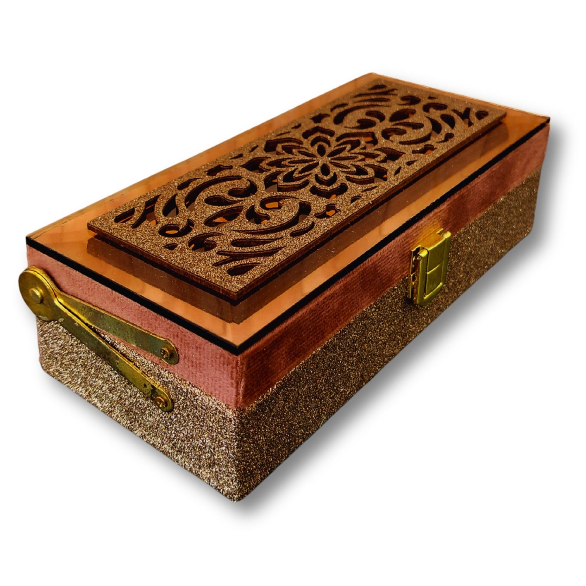 PAPER BEING 1 Pc Fancy Brown (With Mirror & Fur) Money & Shagun CashBox|Designer Multi-Purpose Box for Cash Gaddi, Jewellery, Sagun Money, Gifts | For Weddings & Festive Gifting-image-0