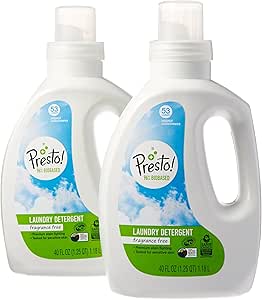 Amazon Brand - Presto! 96% Biobased Concentrated Liquid Laundry Detergent, Fragrance Free, 106 Loads, 40 Fl Oz (Pack of 2), 53 loads each