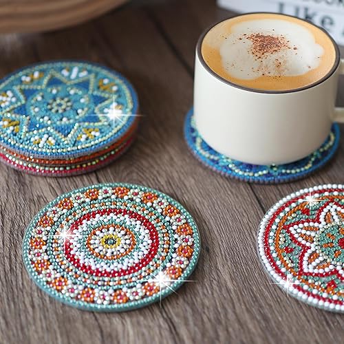 Miniatura 7 de Temlum Juego de 6 posavasos de pintura de diamante, posavasos de mandala para principiantes, adultos, niños, kit de pintura de diamantes pequeños,