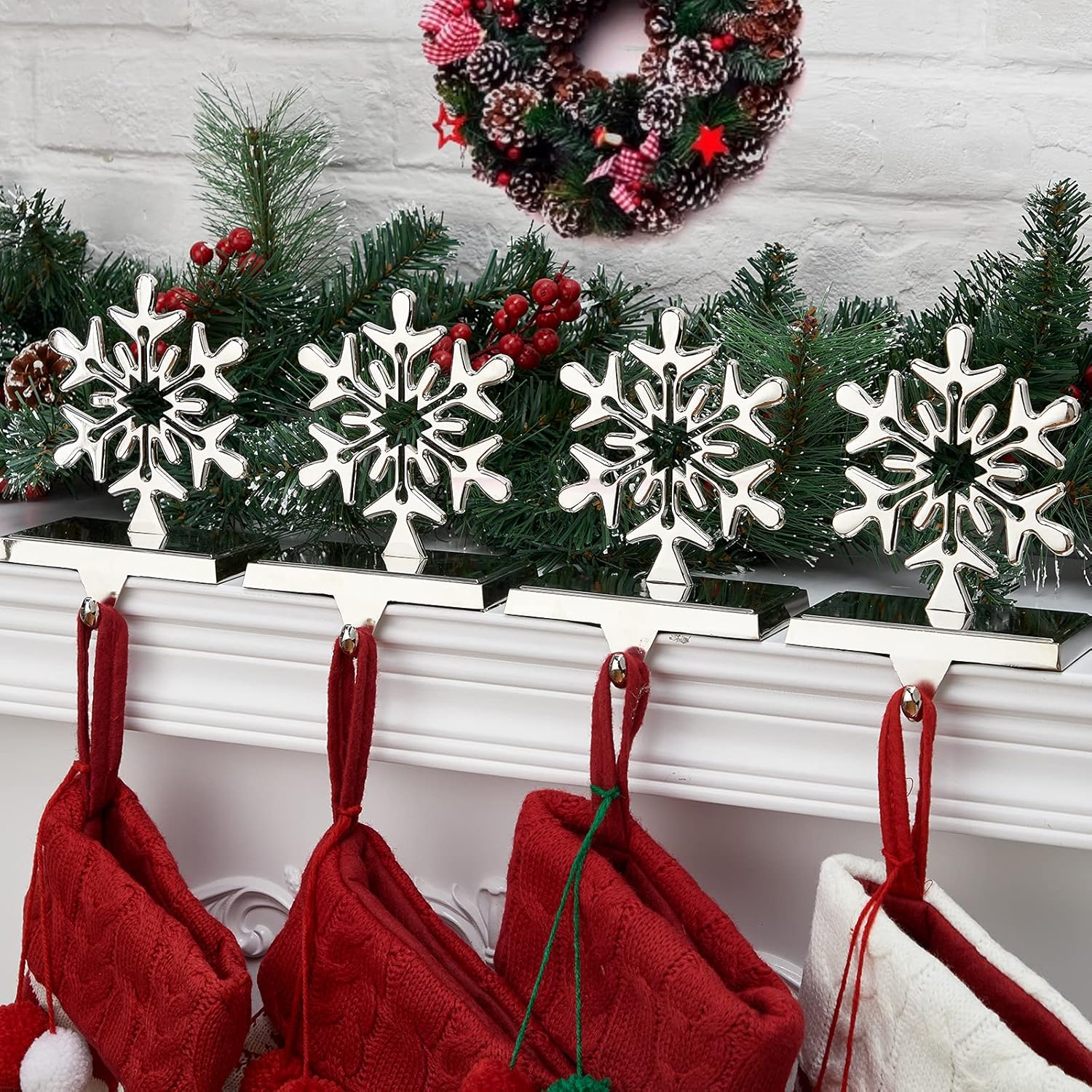 Chrome Snowflake Christmas Stocking Holders, 4-Pack
