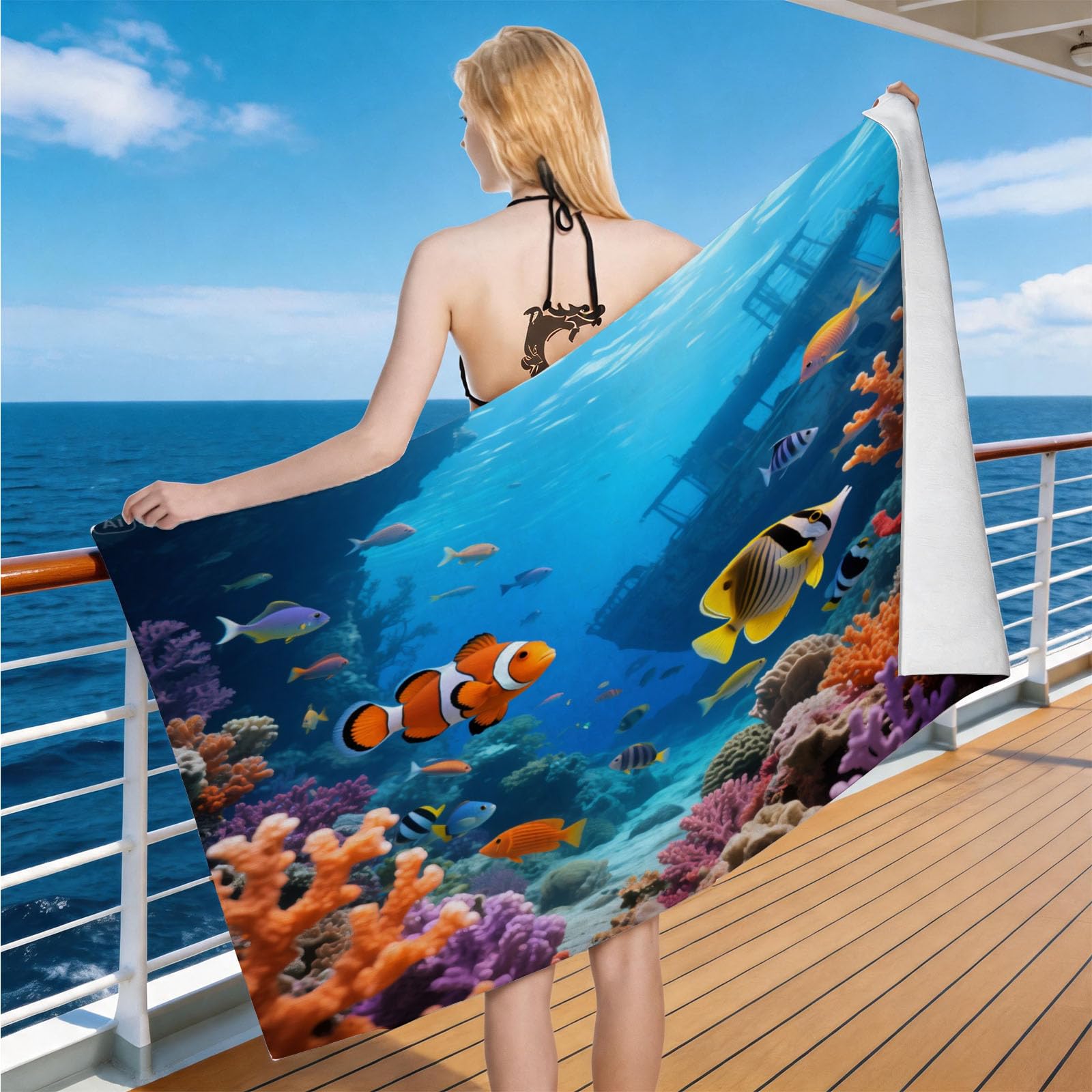 Hongduo Microfiber Quick Dry Beach Towel Underwater Coral Reef, 3D Diving Landscape Beach Towels Absorbent Fast Drying Bath Towels, Travel Camping Gym Swimming Bathroom (100x200cm)