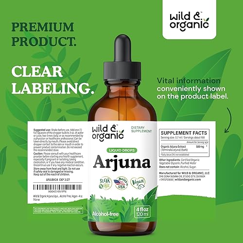Miniatura 9 de Wild & Organic Tintura de corteza de Arjuna  Suplemento de bienestar general  Gotas líquidas sin alcohol  Extracto de corteza de Terminalia Arjuna
