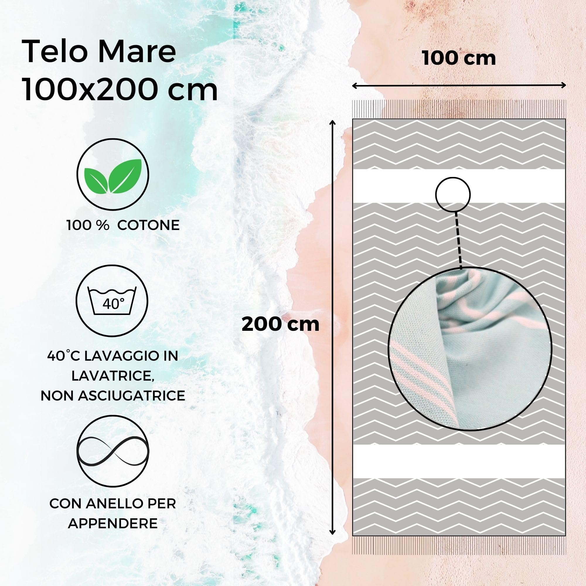furora HOLIDAY Telo Mare Cotone - Grande 200x100 cm - Ultra Leggero - Asciugatura Rapida | Asciugamano Mare Donna e Uomo: Facile da Pulir - multifunzionale per Spiaggia, Piscina, Viaggio, Outdoor