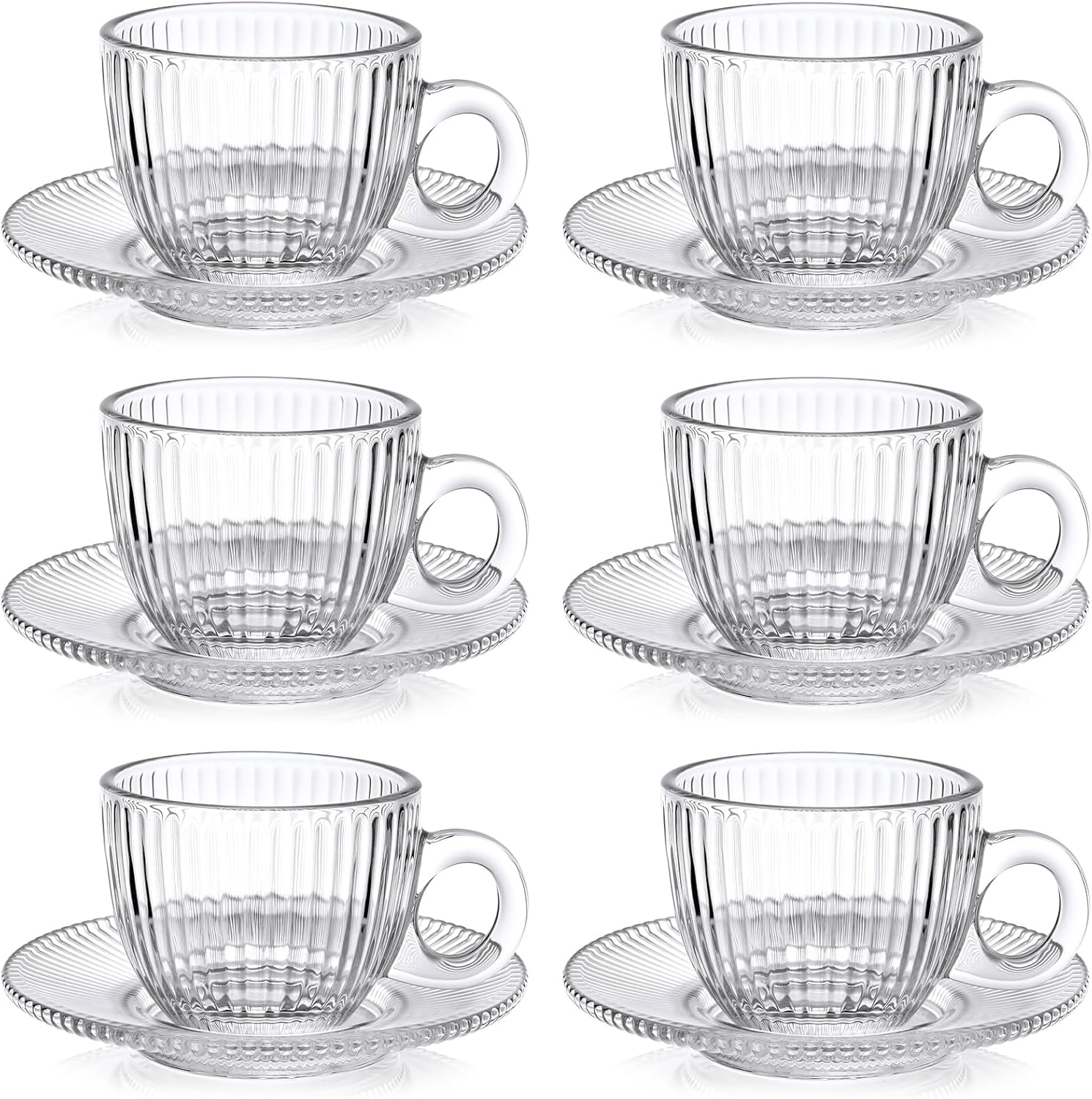 6 Sets of Glass Tea Cups with Saucers Vintage Coffee Mugs 2.8 oz Clear Espresso Cup with Handle Embossed Glassware for Hot Cold Beverages Americano Cappuccino Latte Tea