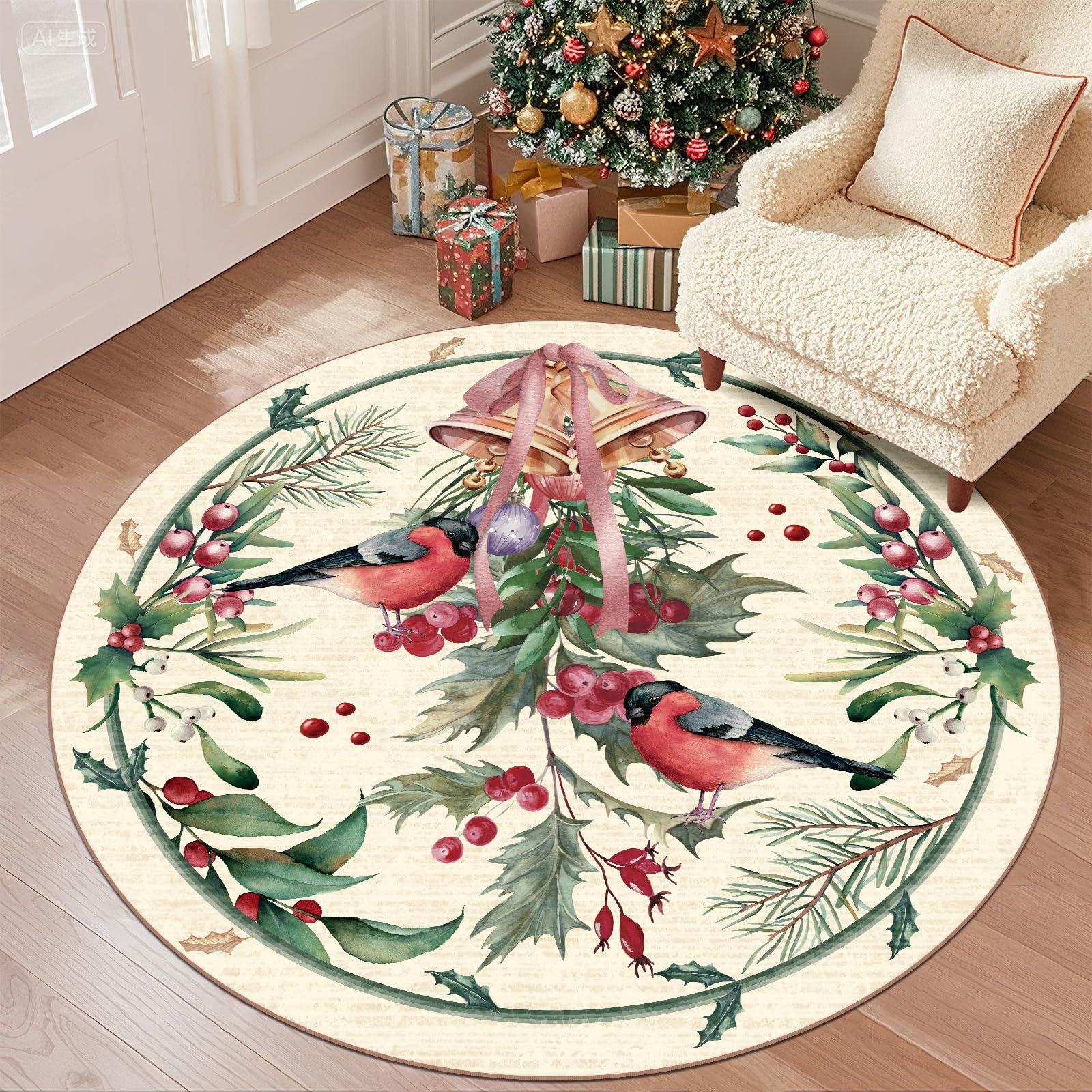 TUKDAK Christmas Round Rug 150cm Washable, Beige Bird Non-Slip Christmas Circle Rug, Christmas Decorative Carpet, Soft Low Pile Xmas Bedside Carpet Decor, Living Room Bedroom Kitchen Nursery — image 1