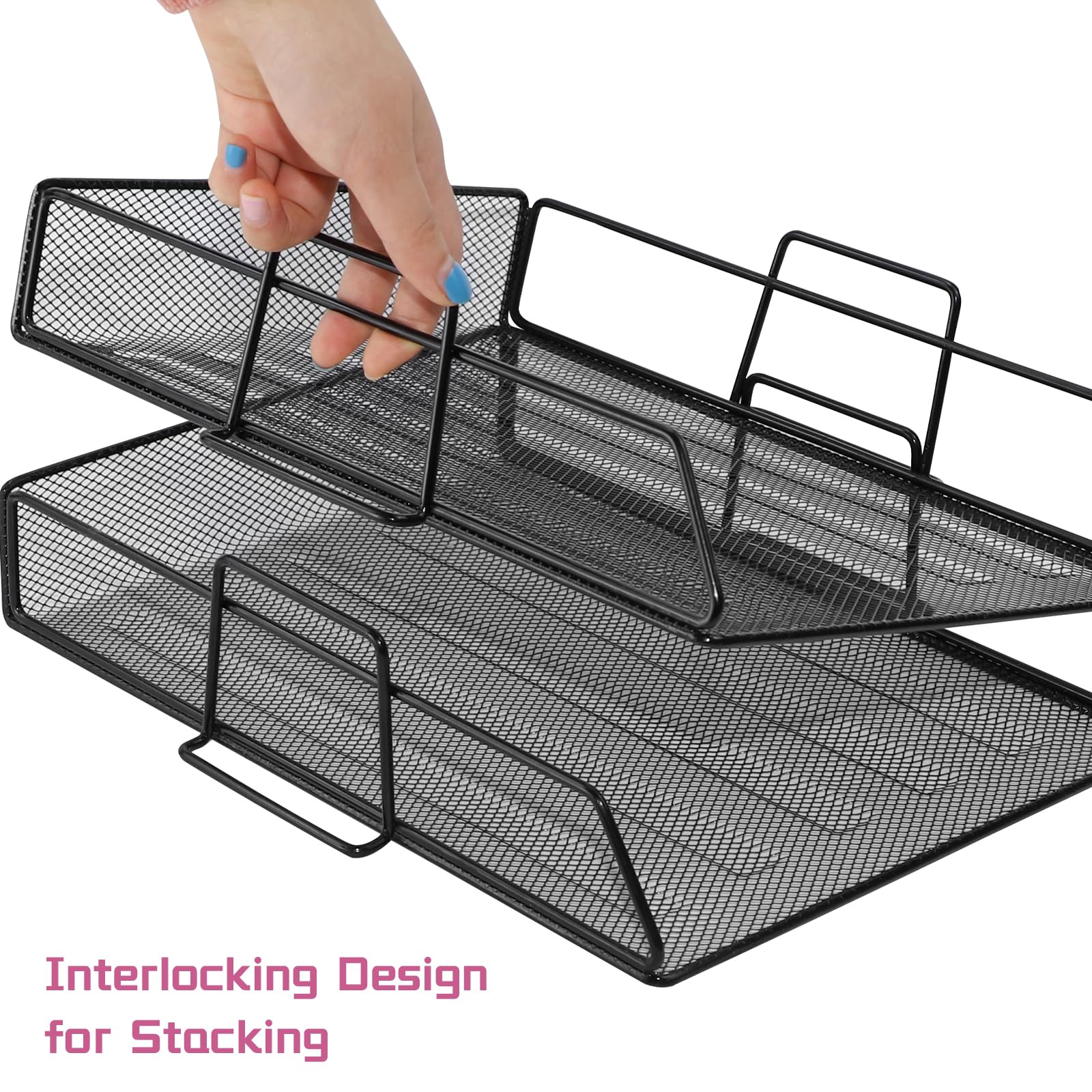 Stapelbare Briefablage aus Metall, Schwarz Schreibtisch Organizer mit 2 Dokumentenablage und 2 Stiftehalter, Mesh Schreibtischablage für A4 Dokument, Büroablage, Postkörbe
