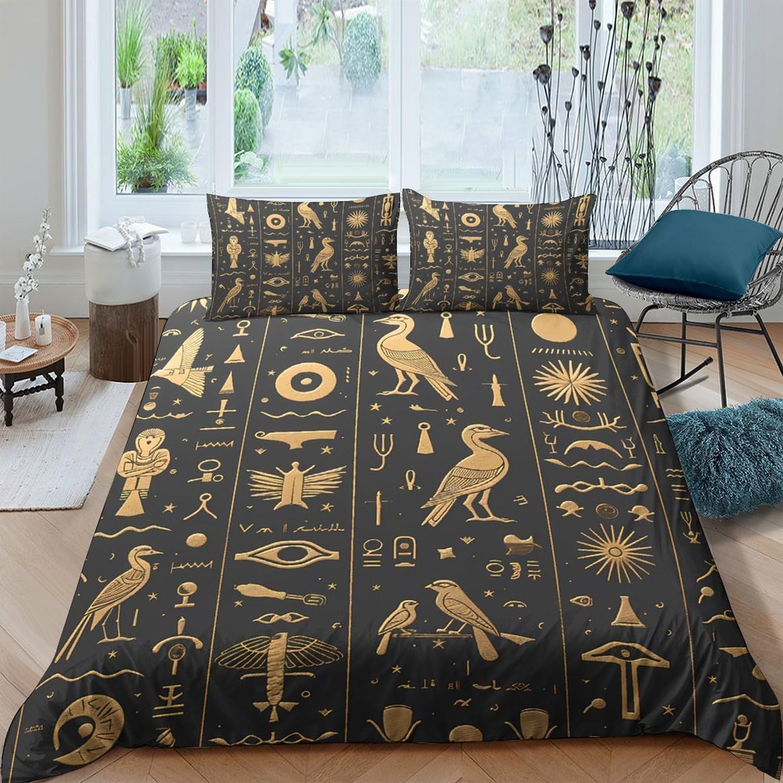 Ctjqhvkz Style-10 3D Printed Egyptian Hieroglyphs Fitted Sheet Microfiber Black Gold Ancient Symbol Mattress Cover Bedroom Decor Single（135X200cm）