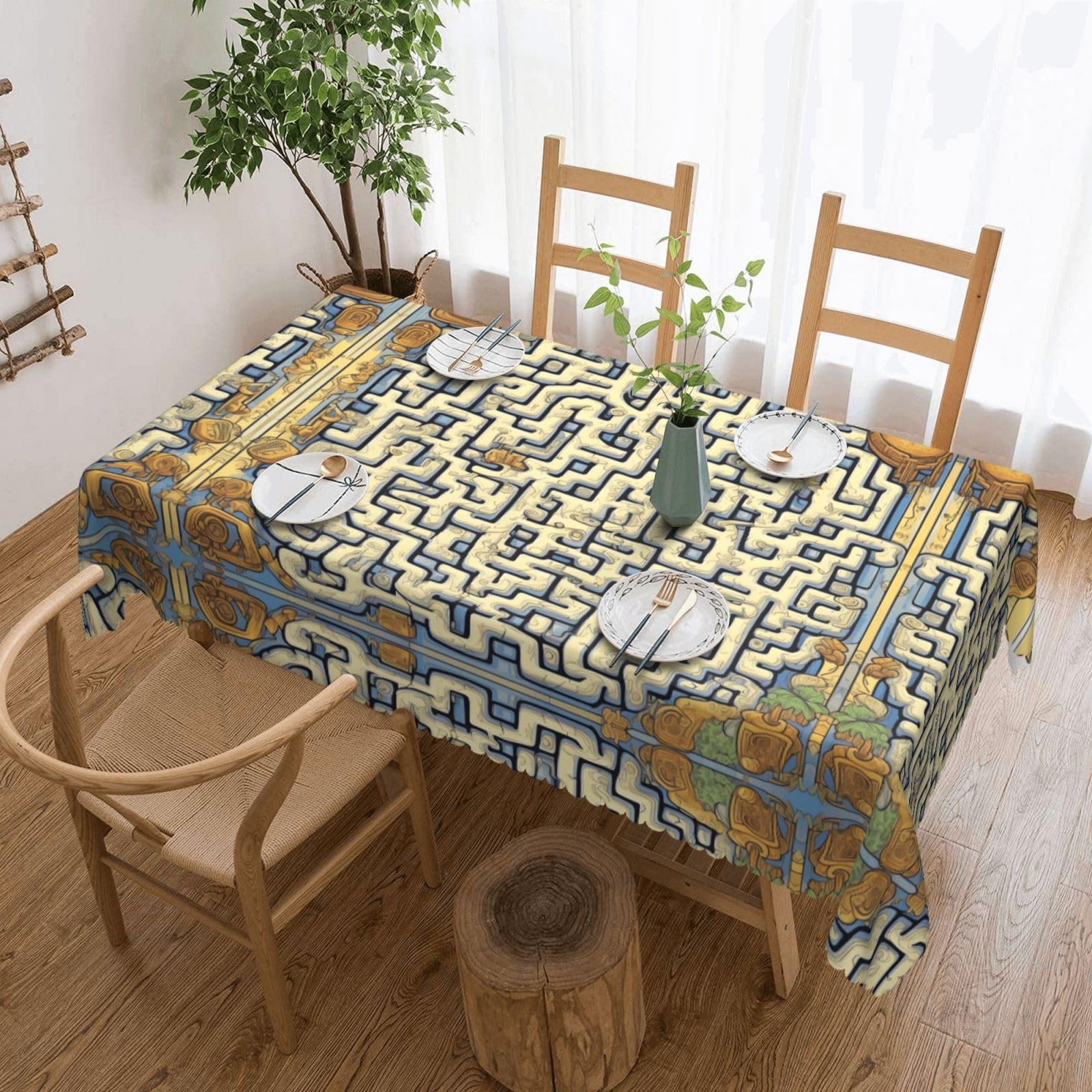 QAZWZML Labyrinth Treasure Map Printed tablecloth, made of thick polyester with lace trim, suitable for dining rooms, picnics, and weddings